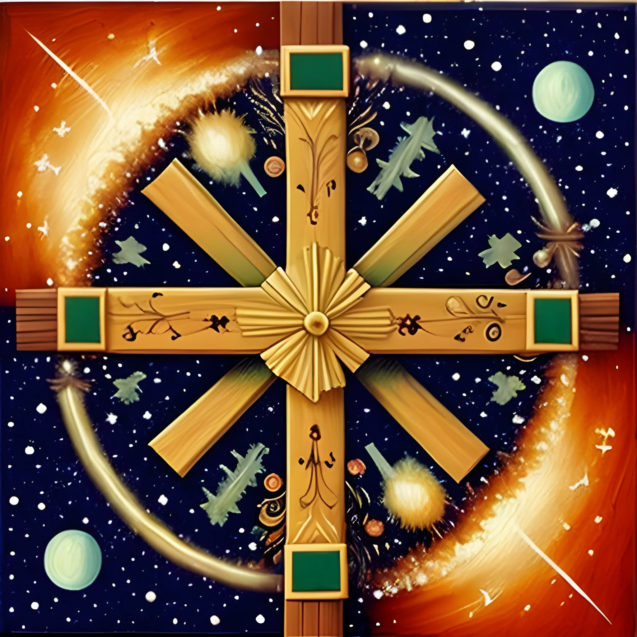 Pictures of universe anda a wood cross in traditional painting style, elegant, master paintings
, Trippy