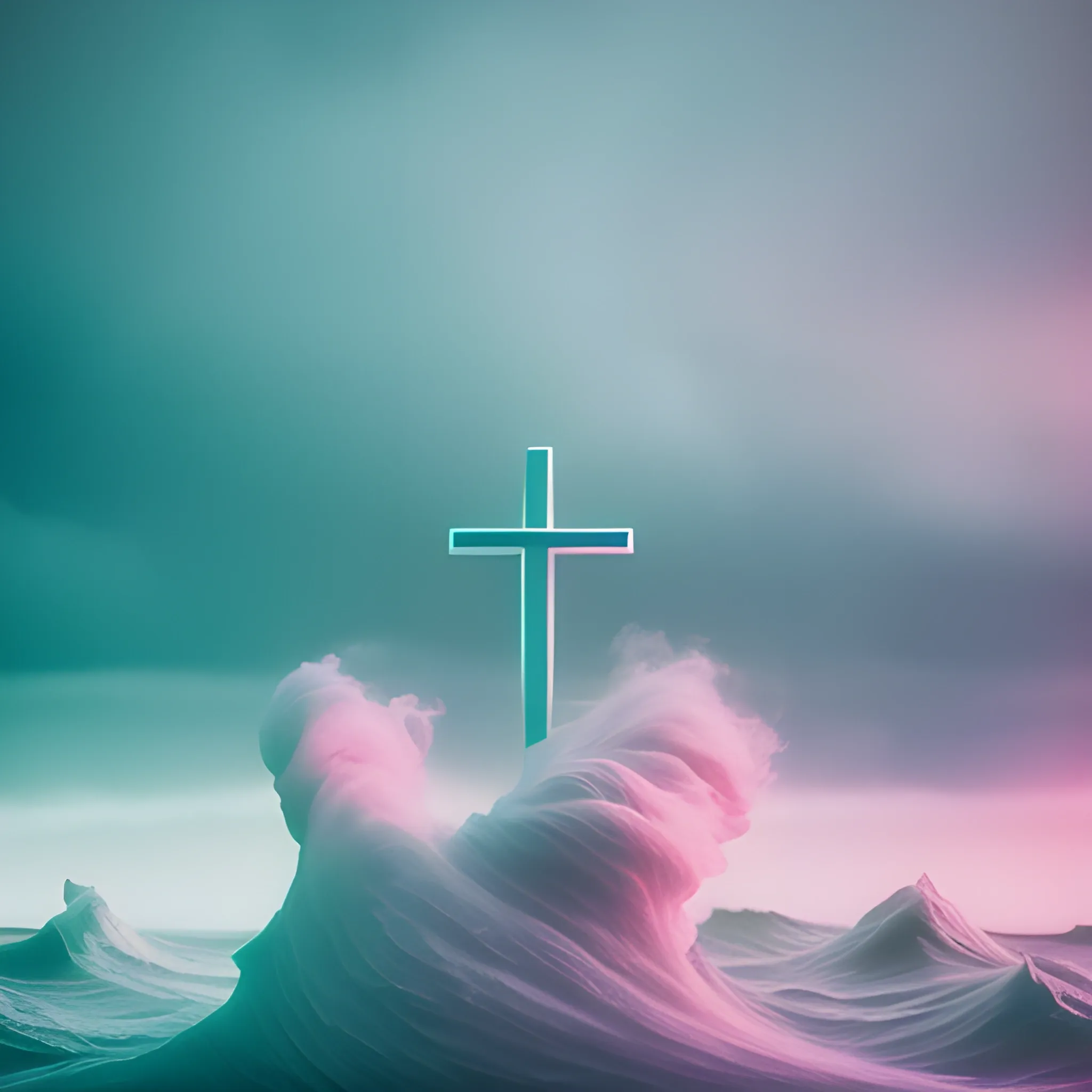 high quality pastel coloured film close up wide angle photograph of a cross clothing swimming on cloud furniture in a icelandic black rock!! environment in a partially haze filled dreamstate world. three point light, rainbow. photographic production. art directed. pastel colours. volumetric clouds. pastel gradient overlay. waves glitch artefacts. extreme facial clarity. 8 k. filmic.