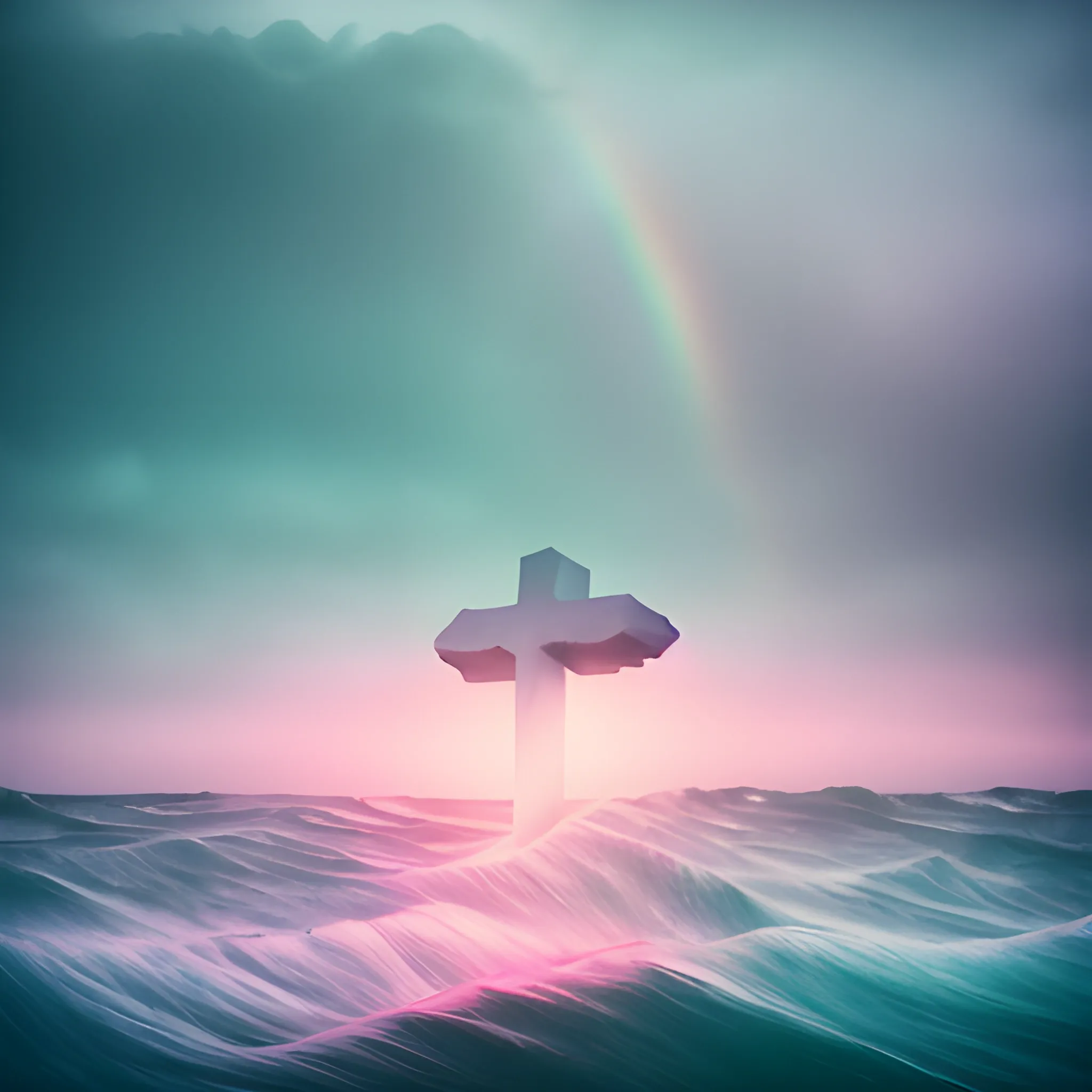 high quality pastel coloured film close up wide angle photograph of a cross swimming on cloud furniture in a icelandic black rock!! environment in a partially haze filled dreamstate world. three point light, rainbow. photographic production. art directed. pastel colours. volumetric clouds. pastel gradient overlay. waves glitch artefacts. extreme facial clarity. 8 k. filmic.