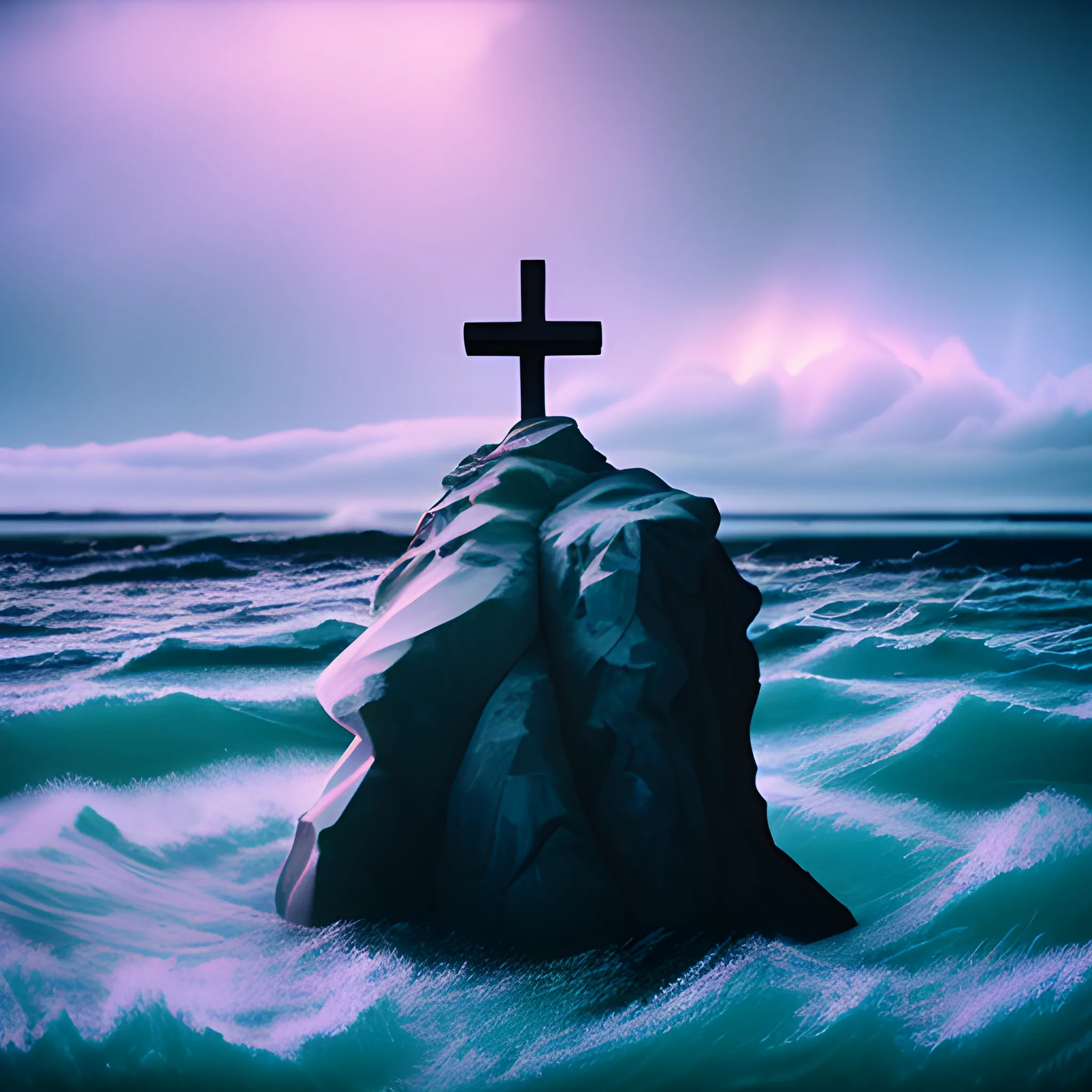 high quality pastel coloured film close up wide angle photograph of a cross swimming on cloud furniture in a icelandic black rock!! environment in a partially haze filled dreamstate world. three point light, rainbow. photographic production. art directed. white colours. volumetric clouds. pastel gradient overlay. waves glitch artefacts. extreme facial clarity. 8 k. filmic.