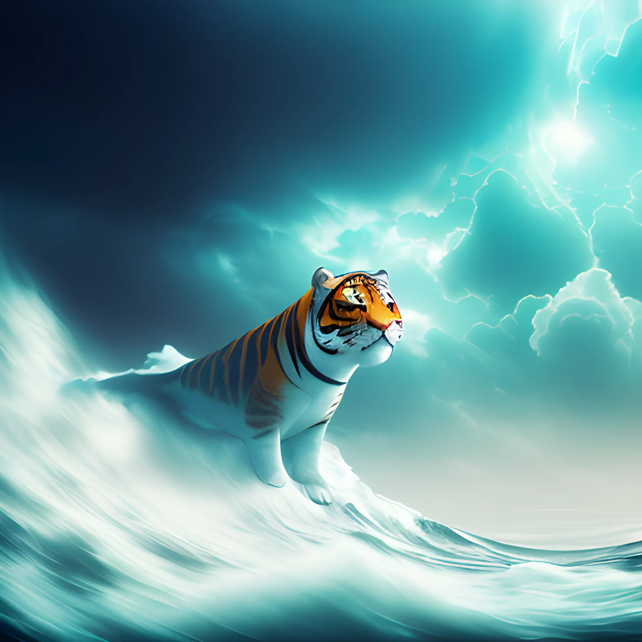 high quality film close up wide angle photograph of a tora swimming on universe!! environment in a partially haze filled dreamstate world. photographic production. art directed. white color. volumetric clouds. white gradient overlay. waves glitch artefacts. extreme facial clarity. 8 k. filmic.
