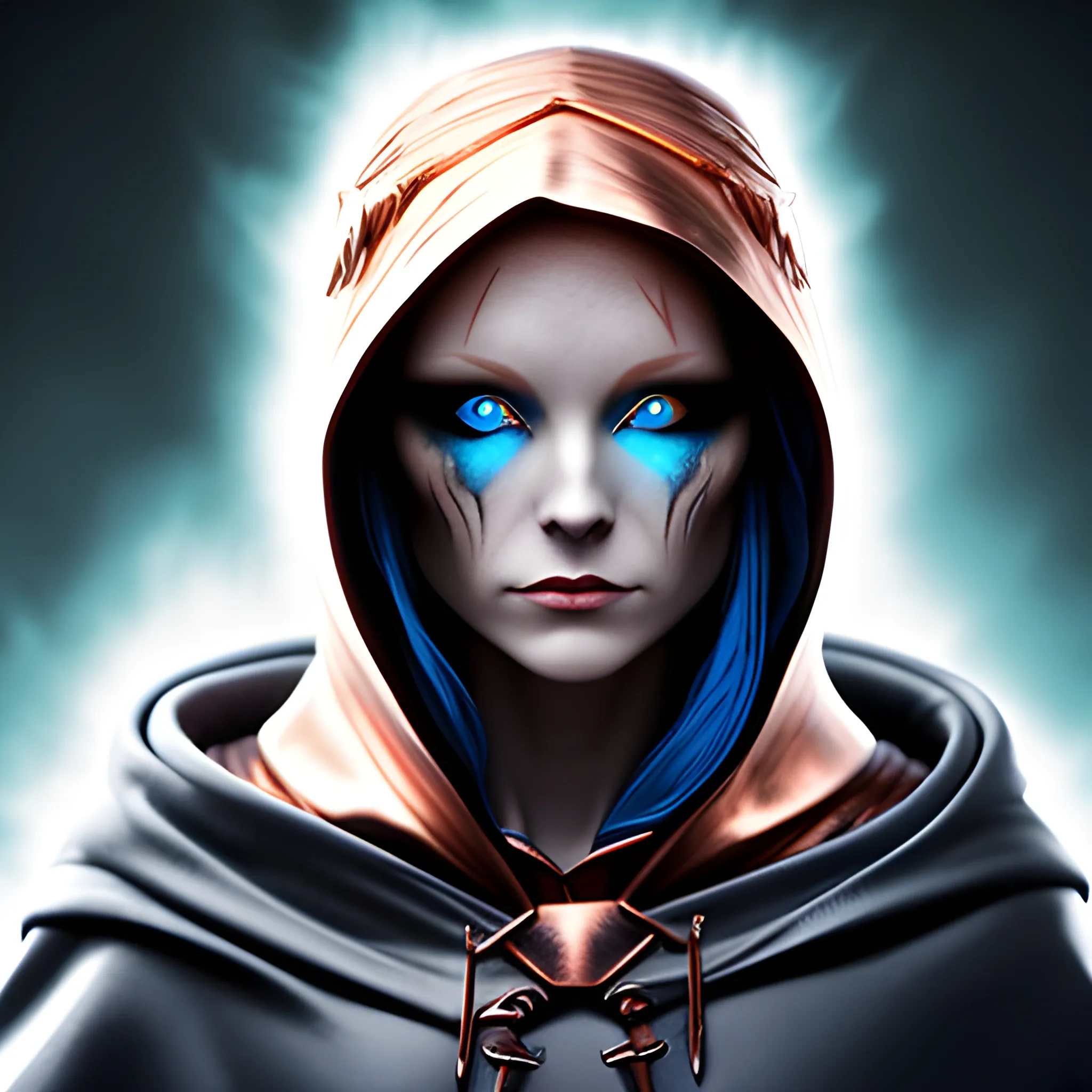dark fantasy female with copper hair, glowing blue eyes, and hooded cloak