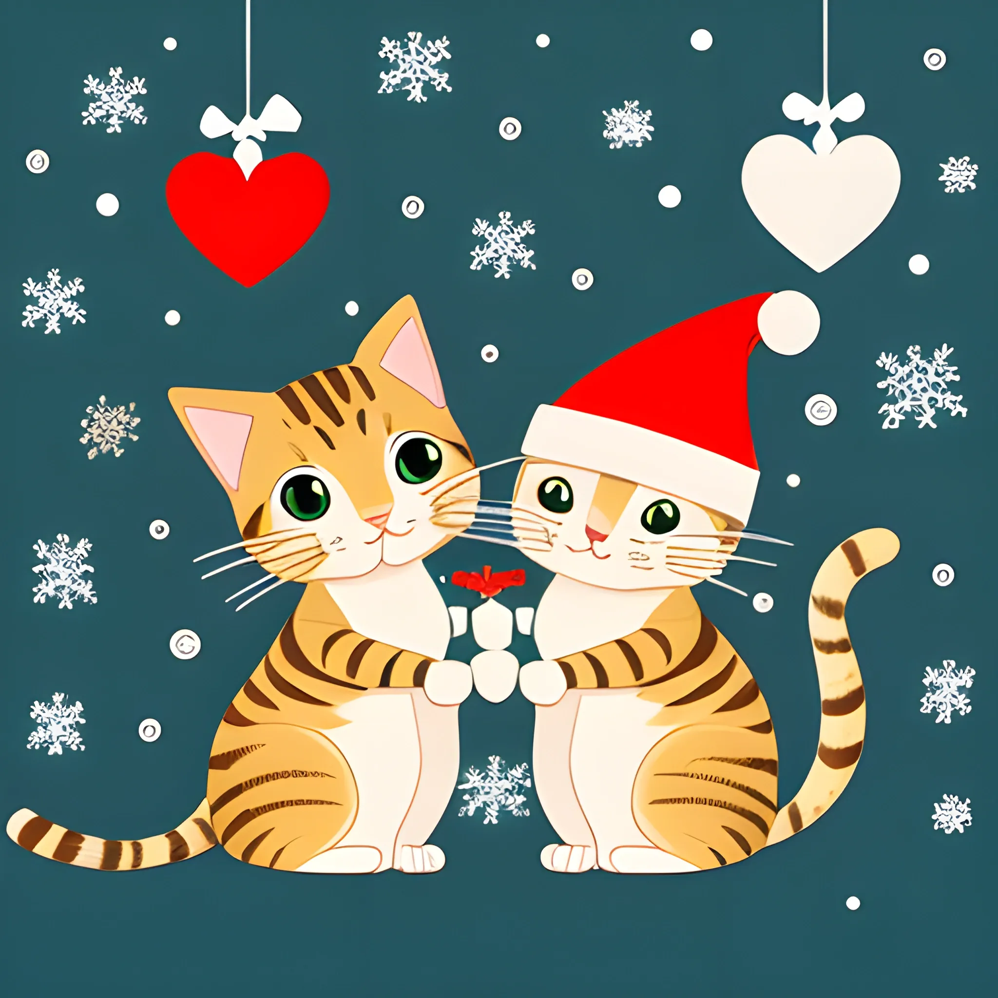 Lovely cat, sweet mouse, celebrating Christmas together, cute, Cartoon