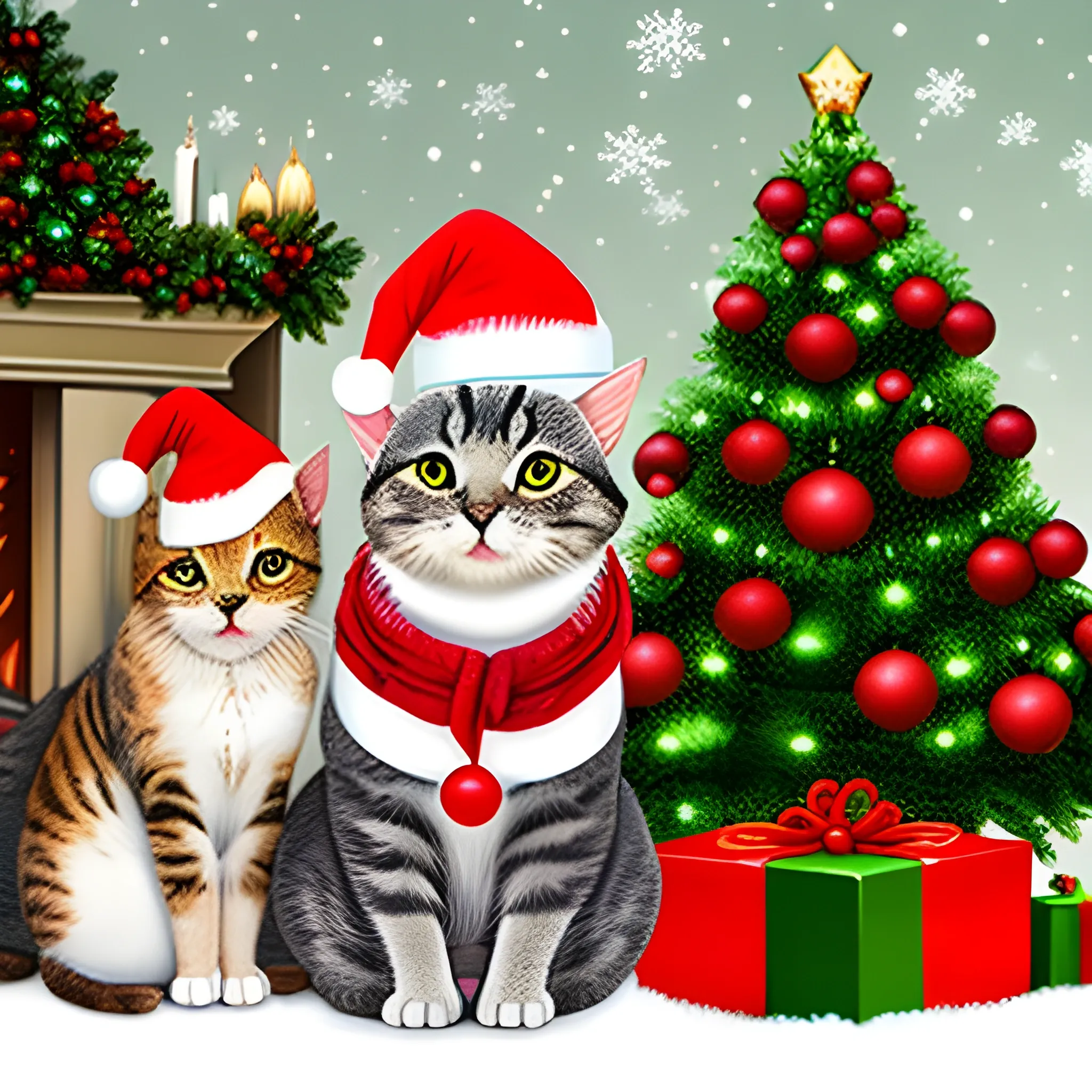 lovely cats, sweet mouses, celebrates christmas, in front of christmas tree,with christmas hat, funny, Cartoon