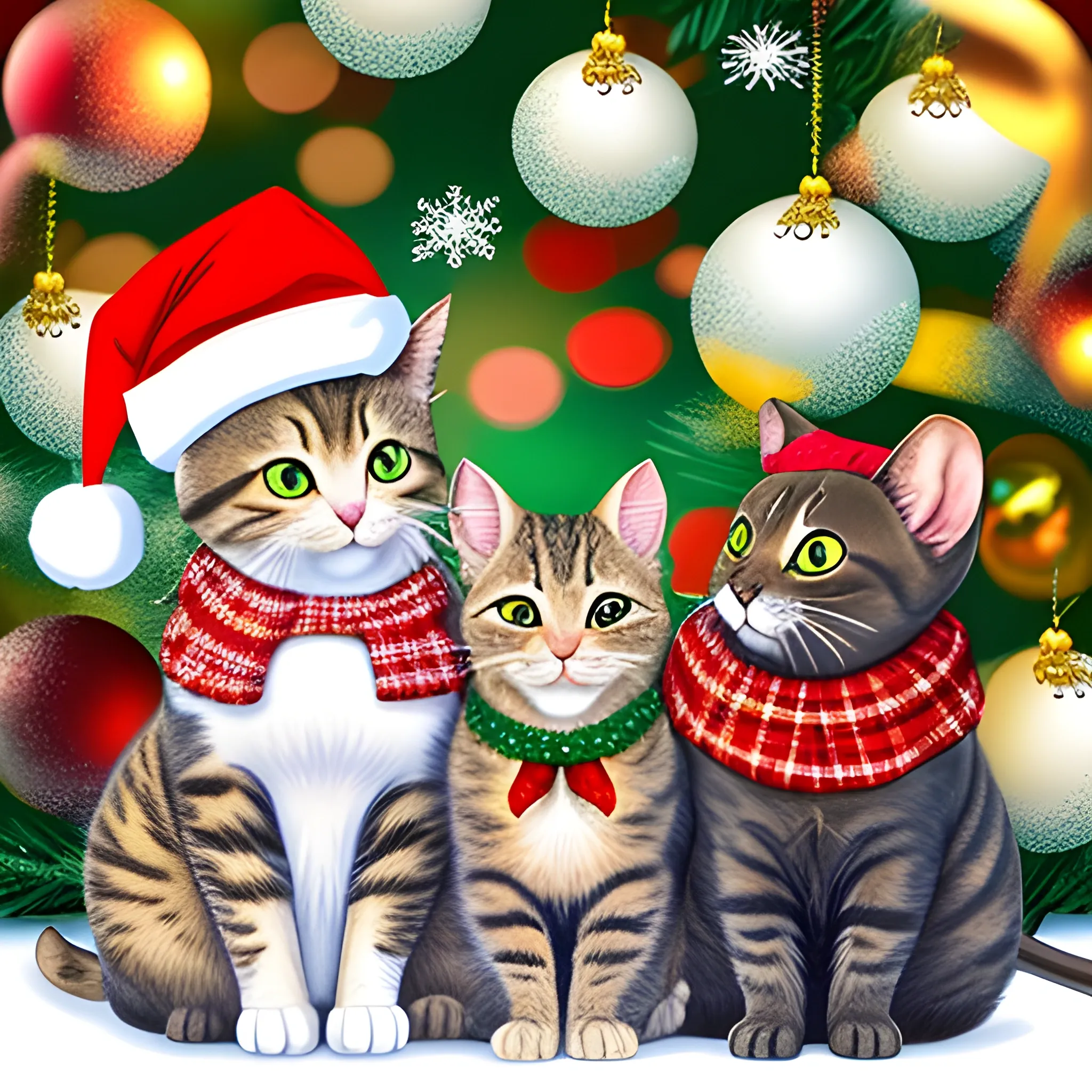 lovely cats and sweet mice, celebrates christmas, in front of christmas tree,with christmas hat, funny, Cartoon