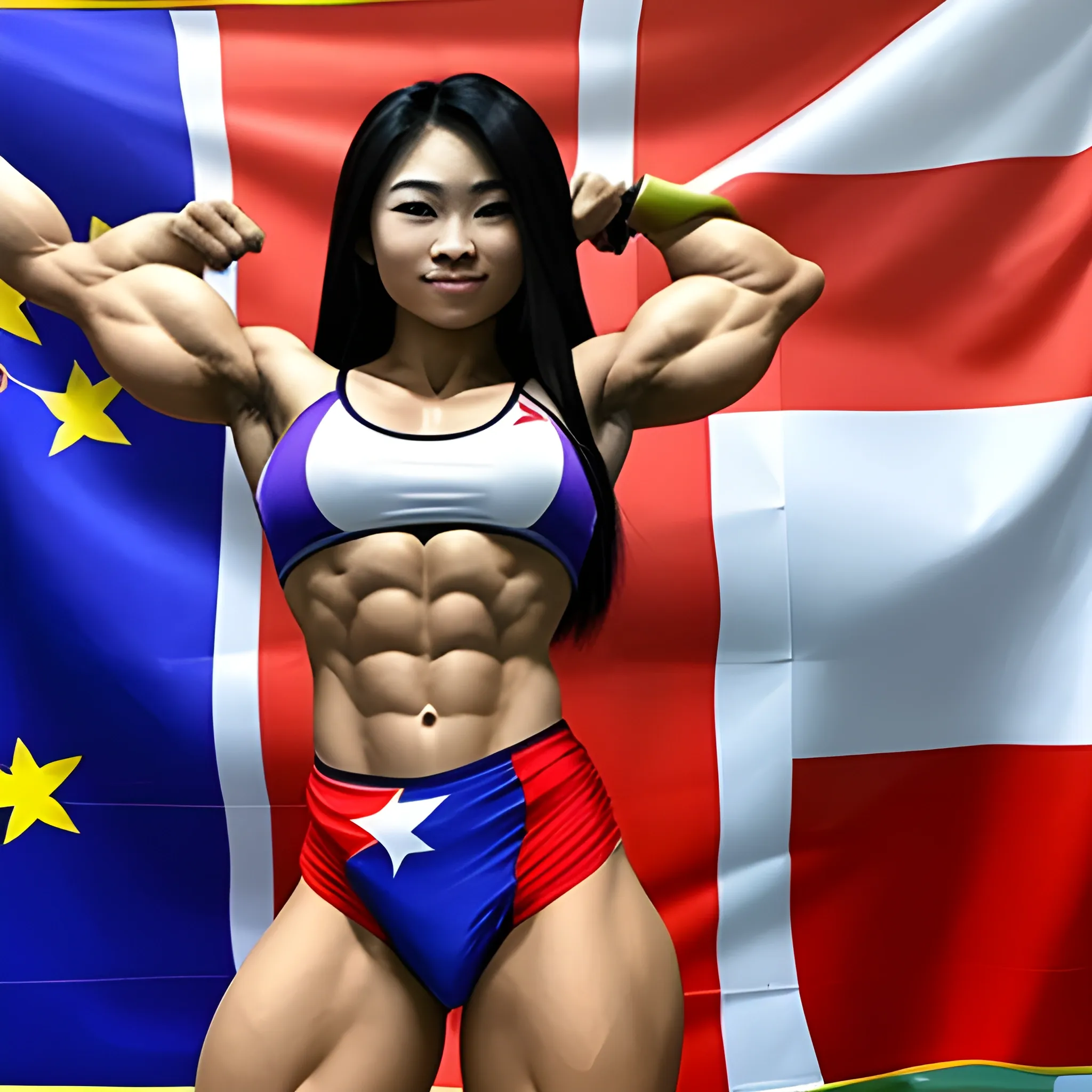 a triumphant Asian female beautiful bodybuilder in front of the Philippine flag with wide set eyes with narrow hips and waist
