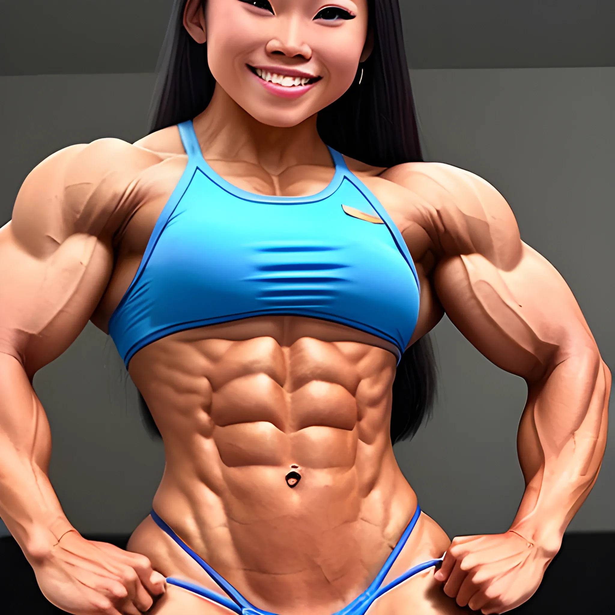 a triumphant beautiful Filipina-asian bodybuilder with wide set eyes with very narrow hips and waist, muscular, smiling, expressive eyes, ten-pack abs, perfected in every way



