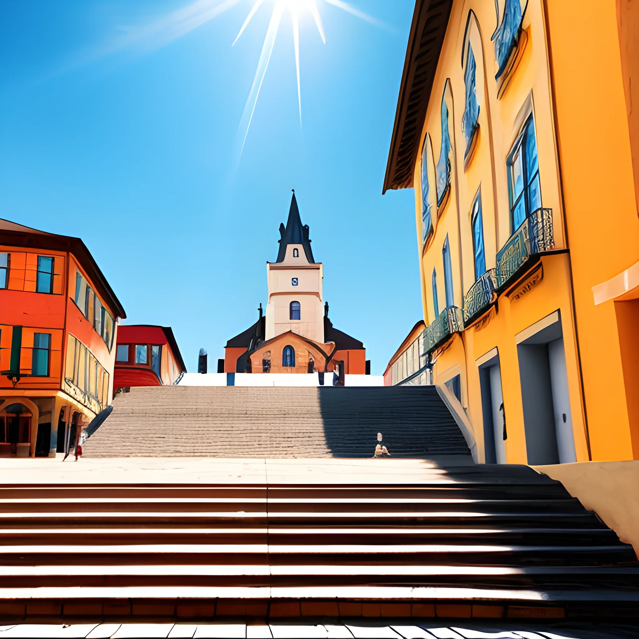 old town square, stairs, minimalist, colors, sun in sky,
