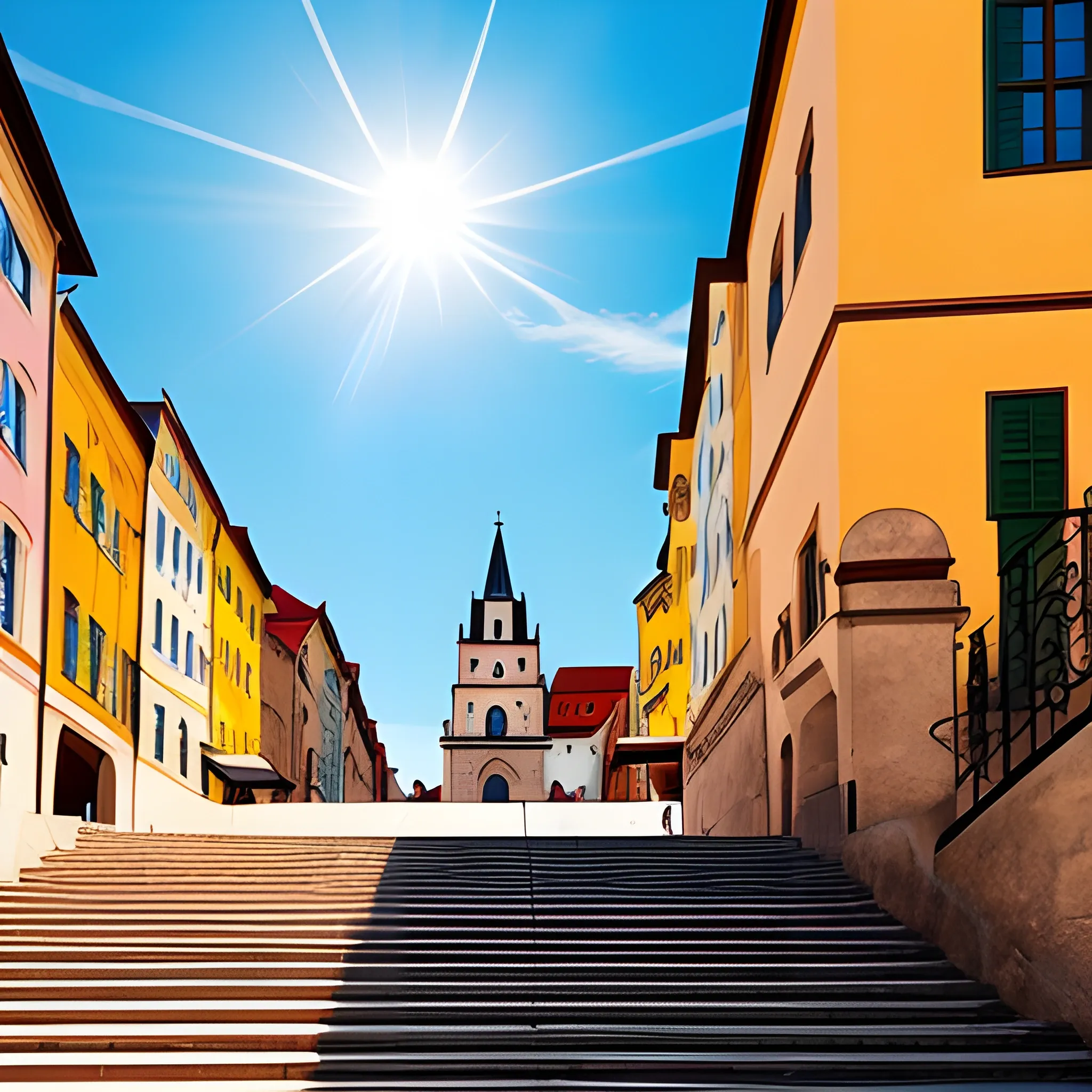 old town square, stairs, minimalist, colors, sun in sky,
