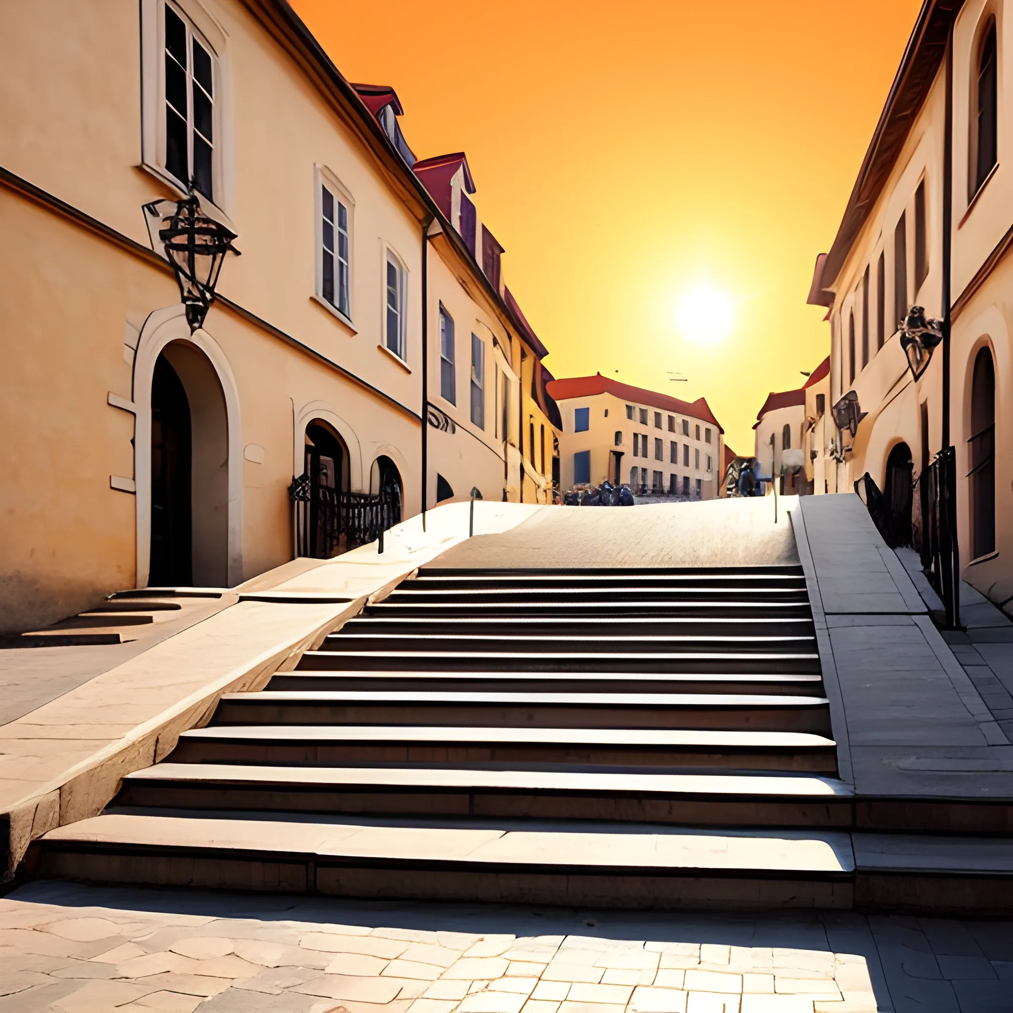 old town square, stairs, minimalist, colors, sun in sky, simple
