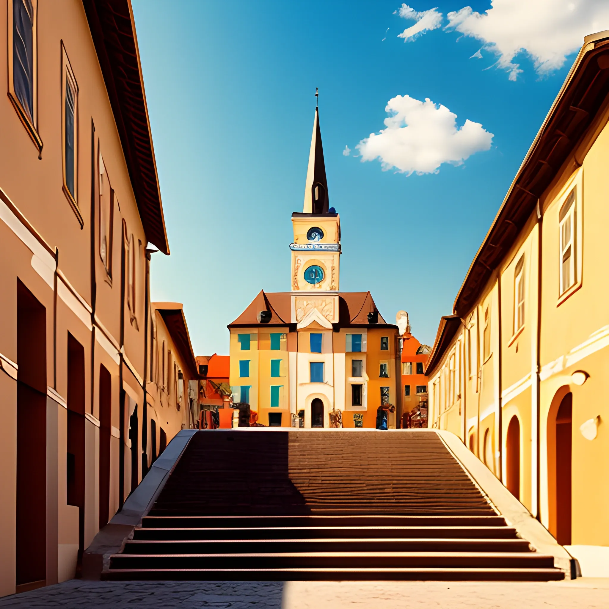 old town square, stairs, minimalist, colors, sun in sky, simple
