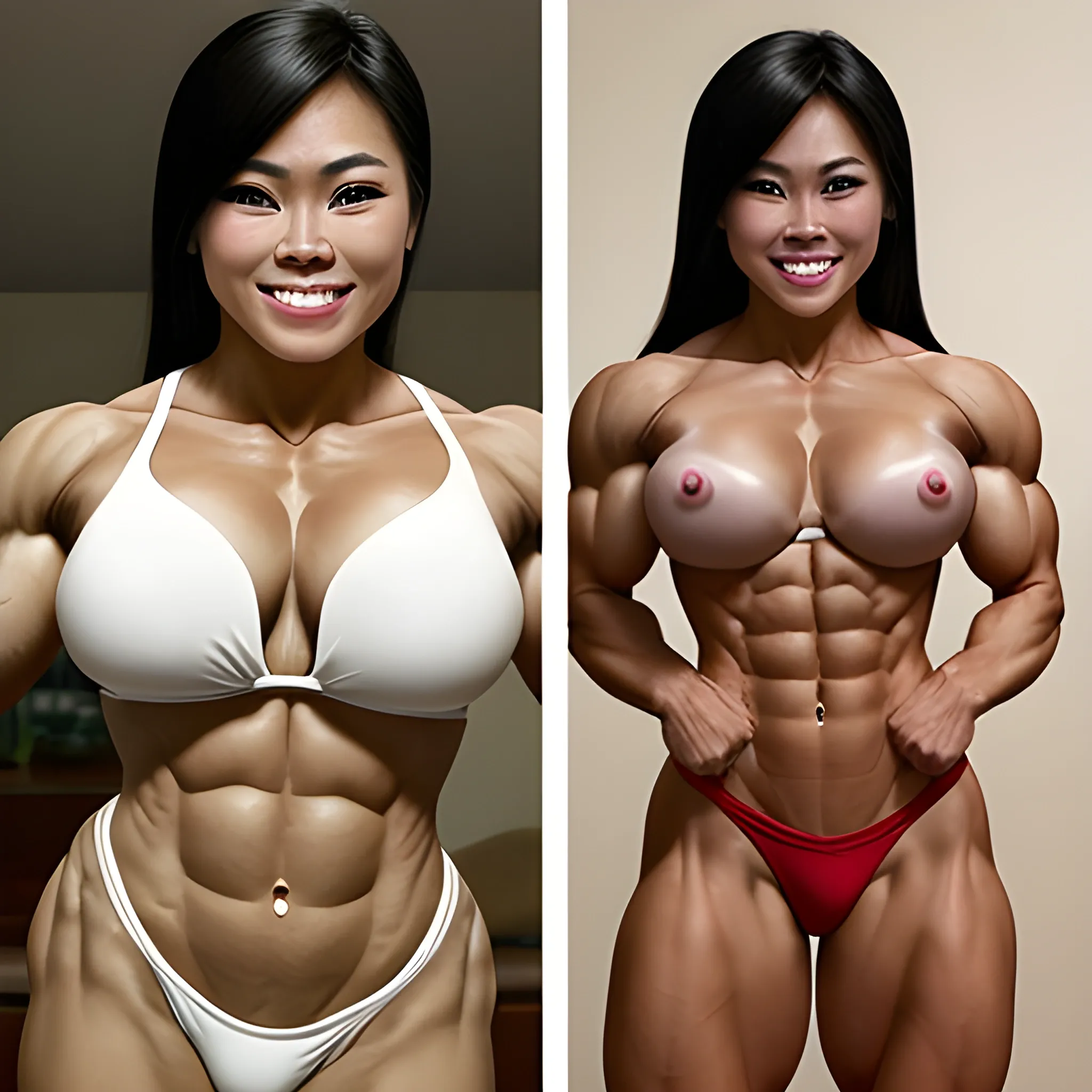 a triumphant beautifully-faced square-faced Filipina
female bodybuilder with wide-set eyes with very narrow hips and waist, very veiny musculature, smiling, expressive eyes, 10
-pack abs, perfect in every way, chesty musculature with a large gap between her 
breasts of at least one breast width, full body shot, exceptionally large teeth



