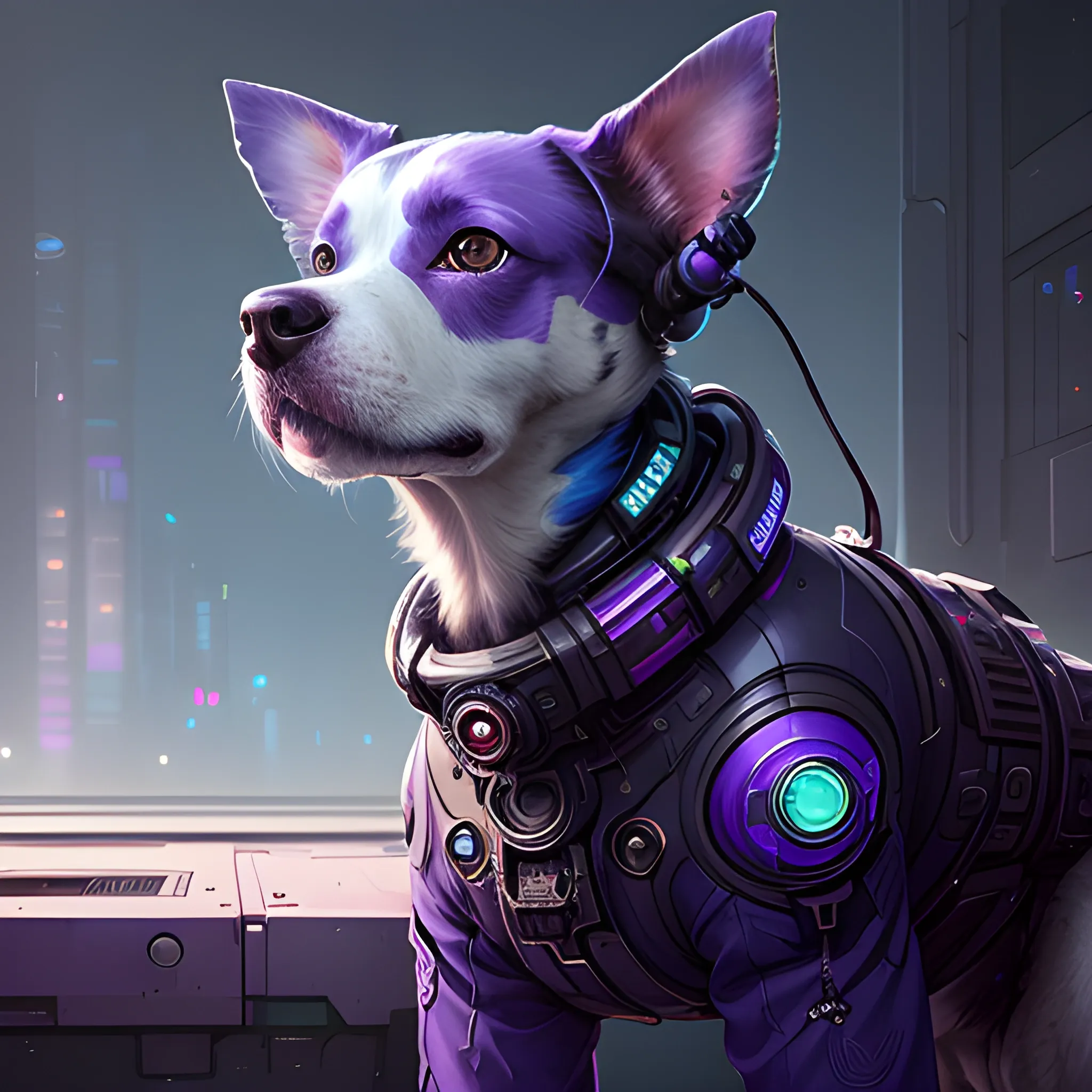 a beautiful portrait of a cute cyberpunk dog by greg rutkowski and wlop, purple blue color scheme, digital art, highly detailed, fine detail, intricate, ornate, complex