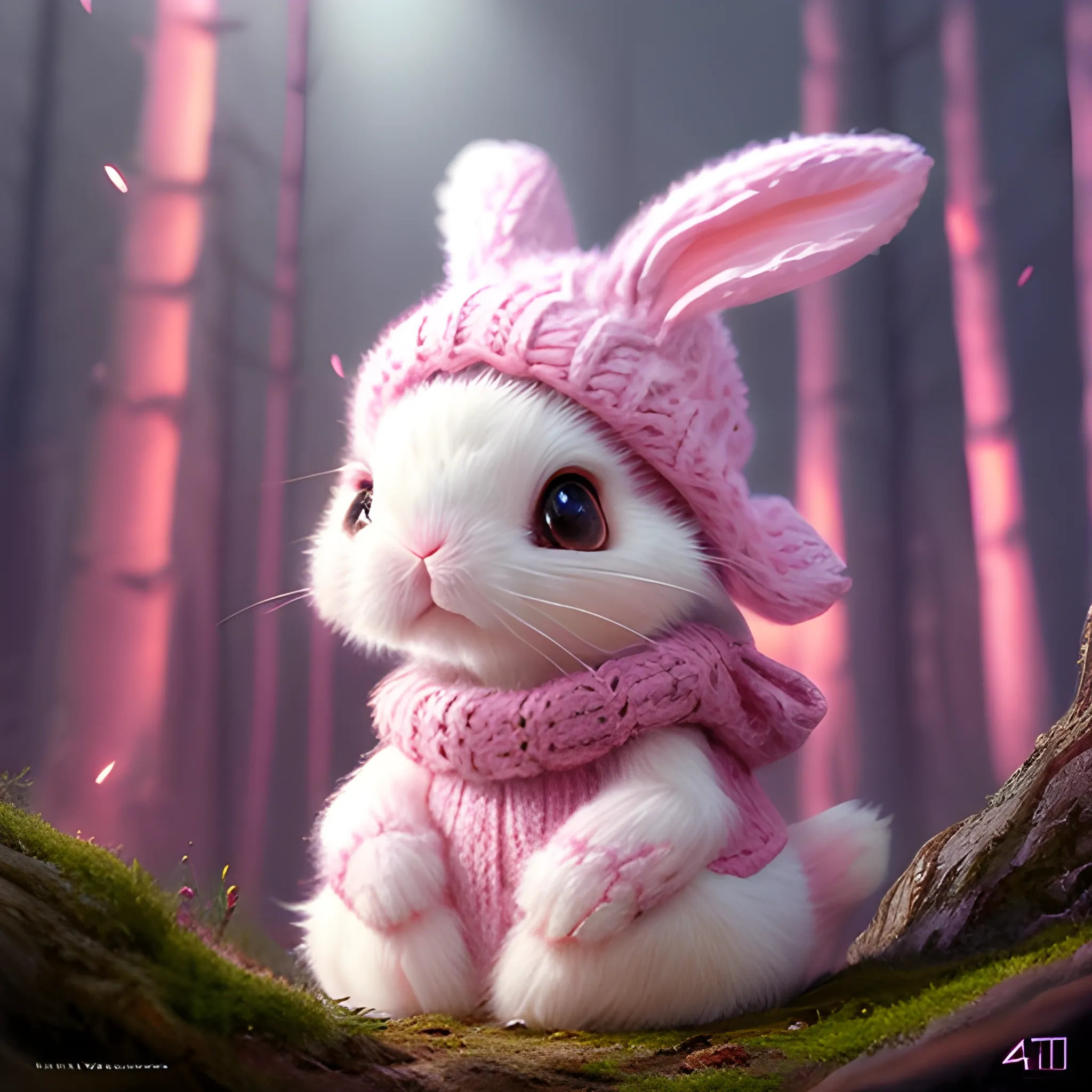 Pink cute bunny in a knitted hat, in the midst of flickering lights, a magical forest, lilac fog, wide angle, super highly detailed, professional digital painting, artstation, concept art, smooth, sharp focus, no blur, no dof, extreme illustration, Unreal Engine 5, Photorealism, HD quality, 8k resolution, cinema 4d, 3D, beautiful, cinematic, art by artgerm and greg rutkowski