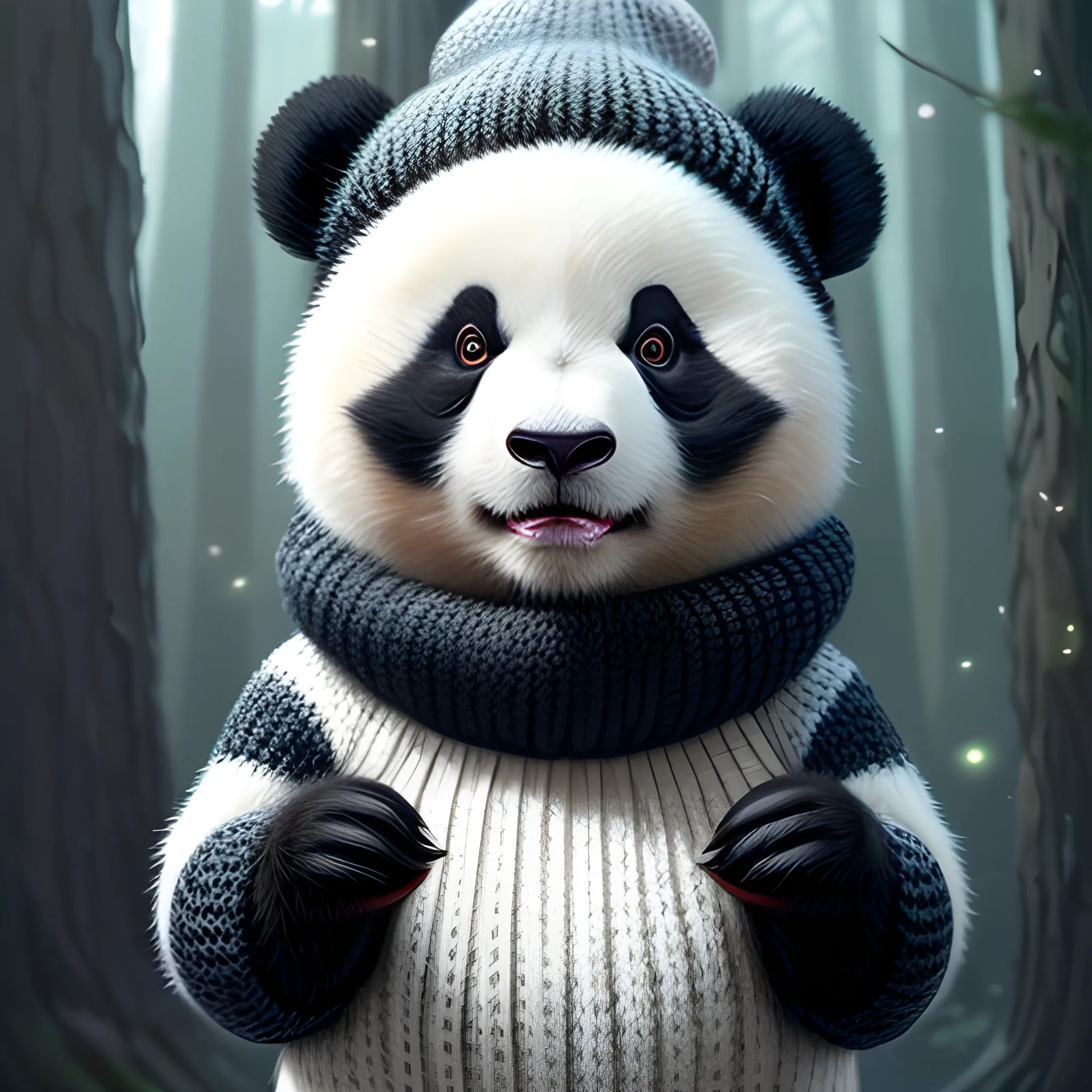 cute baby panda in a knitted hat, in the midst of flickering lights, a magical forest, lilac fog, wide angle, super highly detailed, professional digital painting, artstation, concept art, smooth, sharp focus, no blur, no dof, extreme illustration, Unreal Engine 5, Photorealism, HD quality, 8k resolution, cinema 4d, 3D, beautiful, cinematic, art by artgerm and greg rutkowski