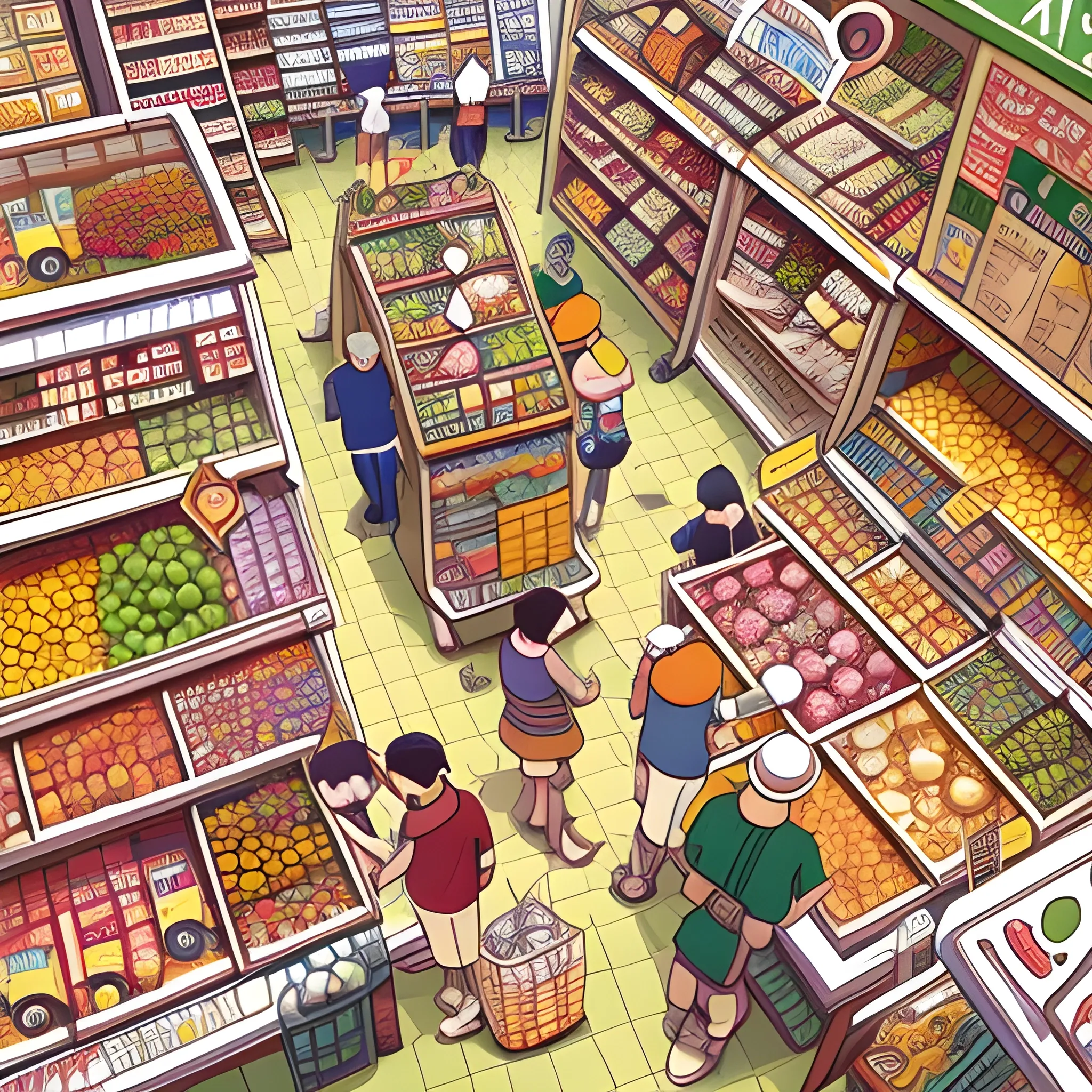 a crowded scene in an supermarket, open plan, top view, by jeff carslile, colorful, intricate, highly detailed, rich colors,  cartoonish, studio ghibli, where's waldo style