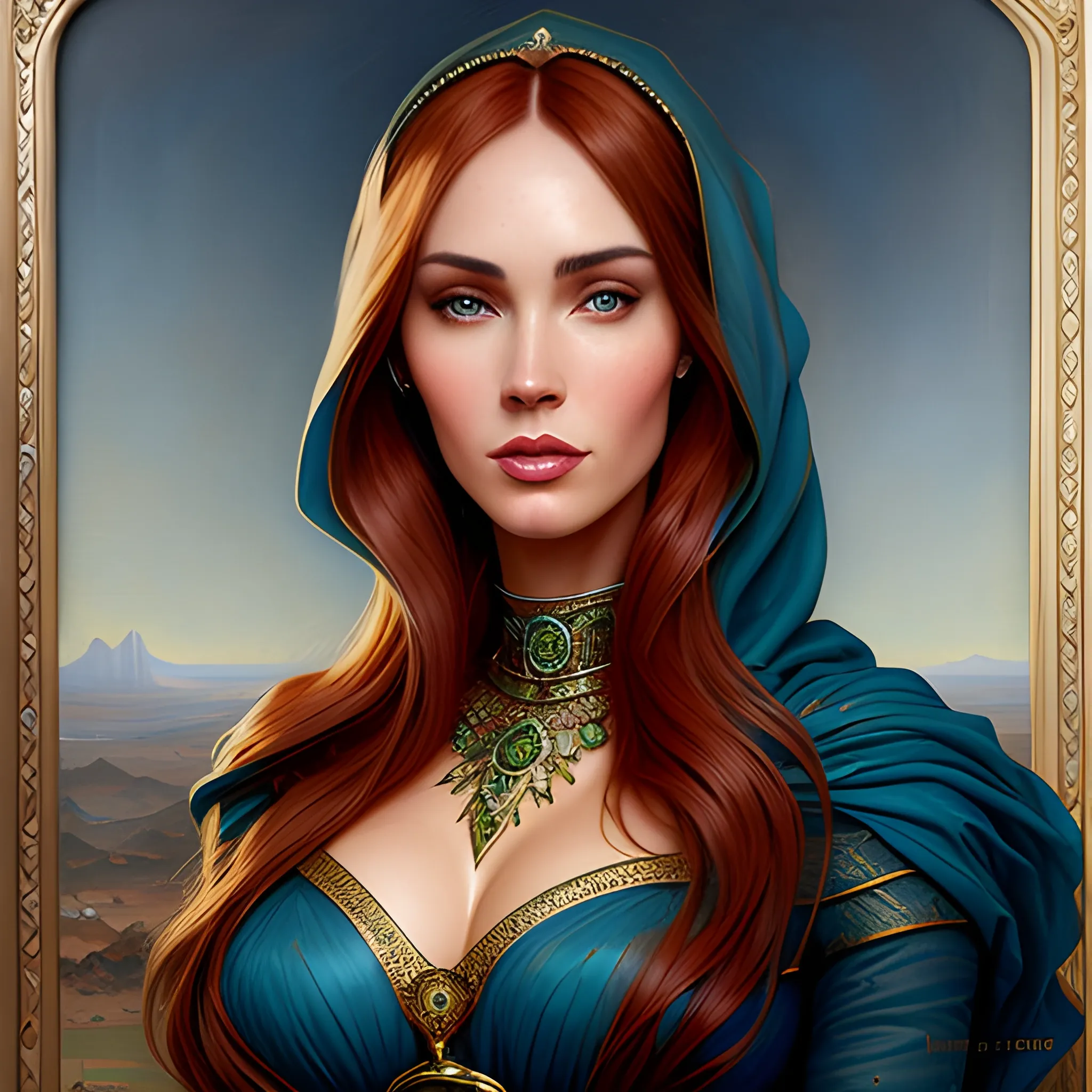 megan denise fox, highly detailed digital art, highly detailed beautiful young woman with auburn hair and plump lips and beautiful high cheekbones and beautiful blue dress with a blue hijab, oil painting, 16k, tom bagshaw style, arte oil painting, emile vernon style, painting by daniel f gerhartz.
