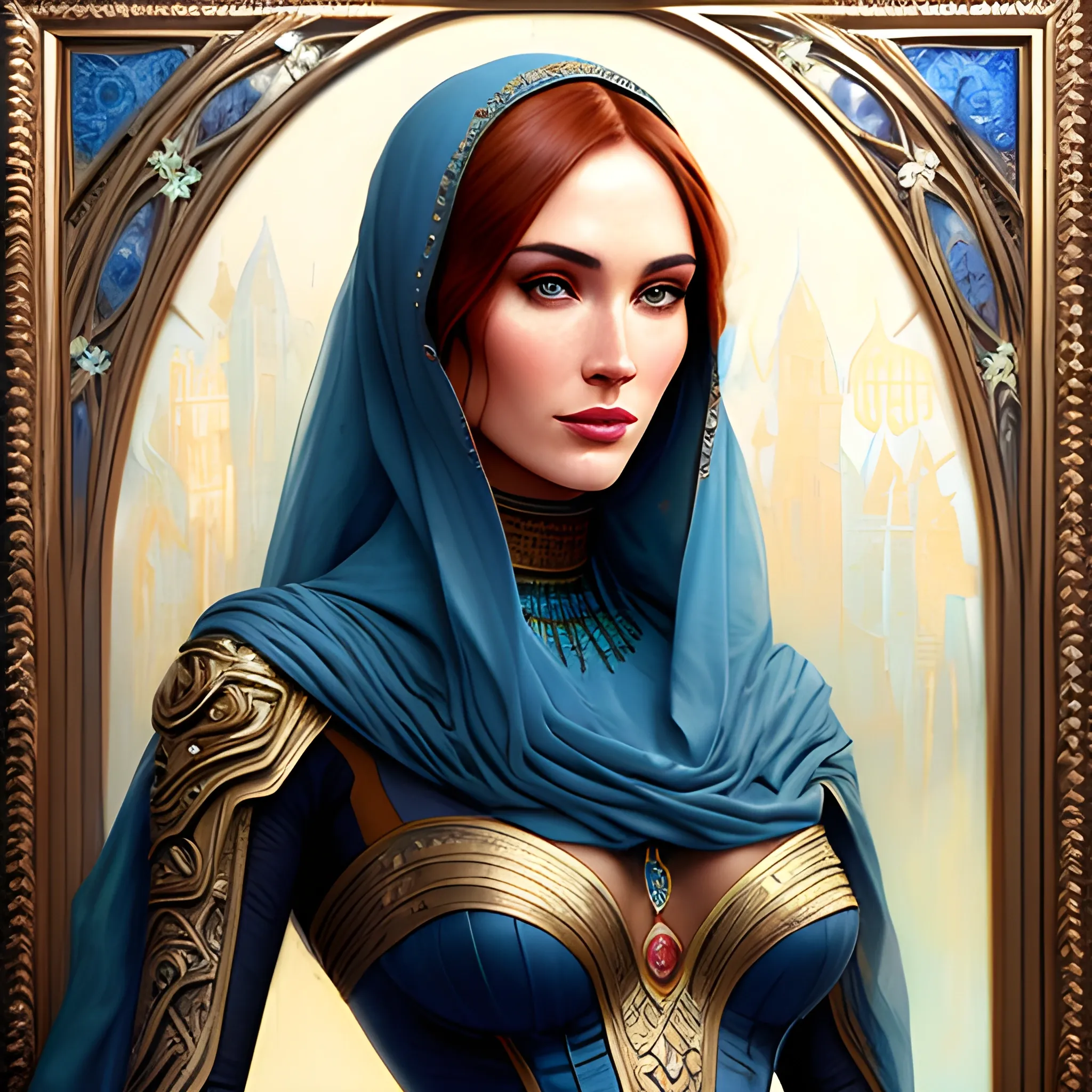megan denise fox, highly detailed digital art, highly detailed beautiful young woman with auburn hair and plump lips and beautiful high cheekbones and beautiful blue dress with a blue hijab, oil painting, 16k, tom bagshaw style, arte oil painting, emile vernon style, painting by daniel f gerhartz.
