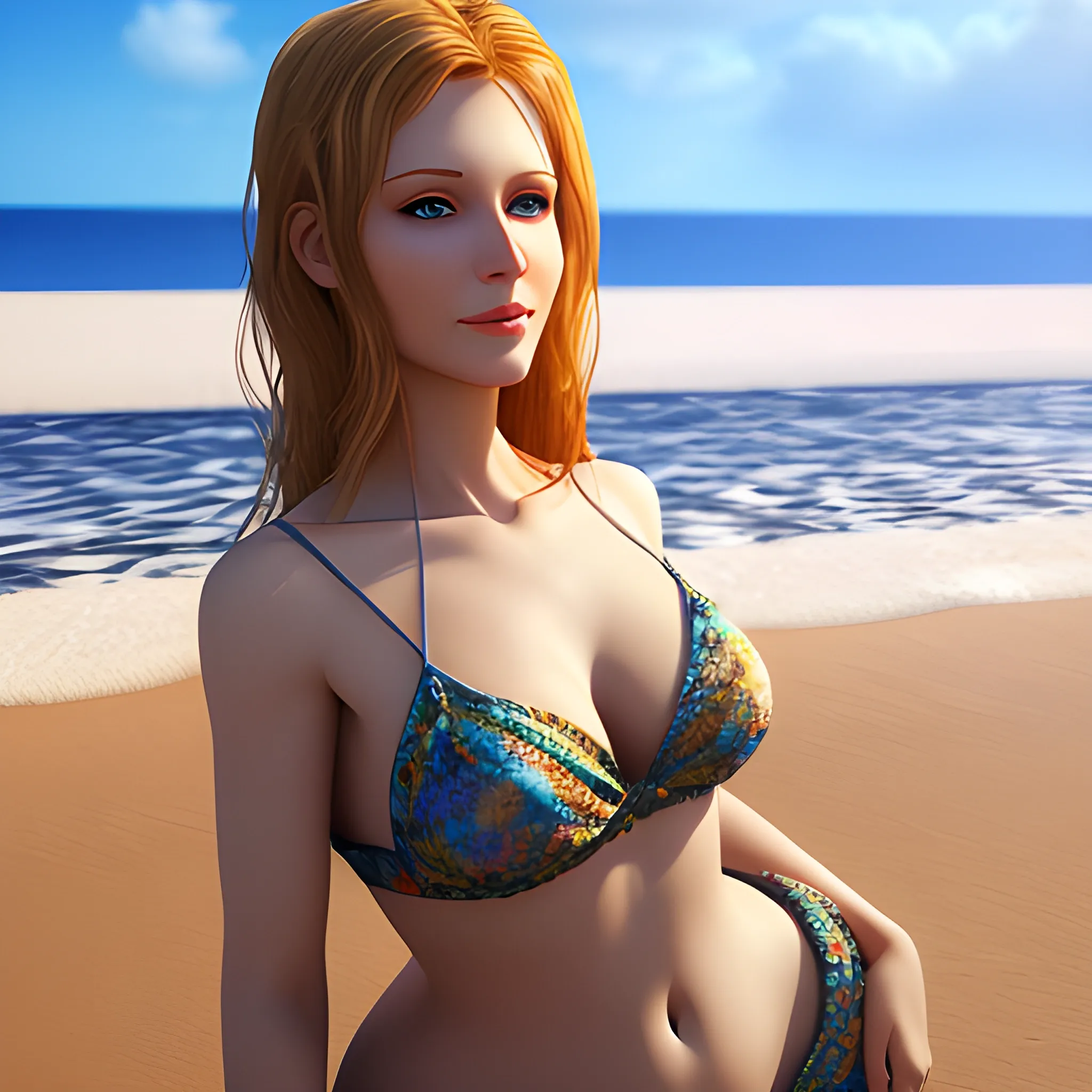 Beautiful Russian Woman on beach, 3D, photorealistic,