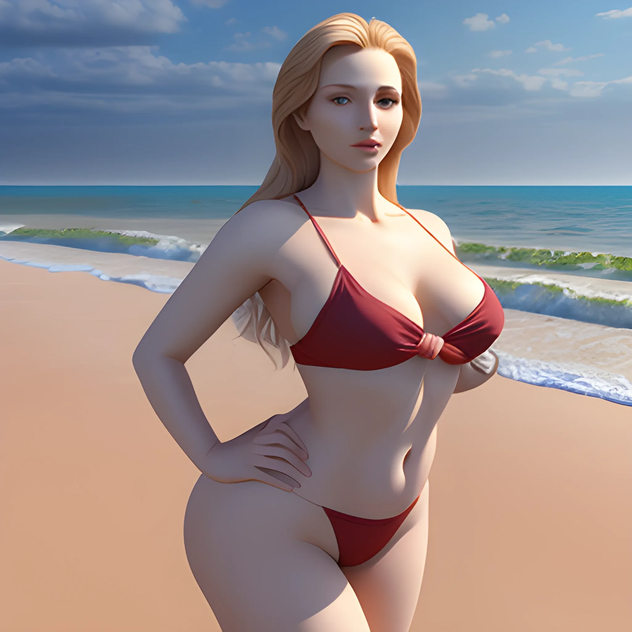 Beautiful Russian Woman on beach, 3D, photorealistic, curvy body,