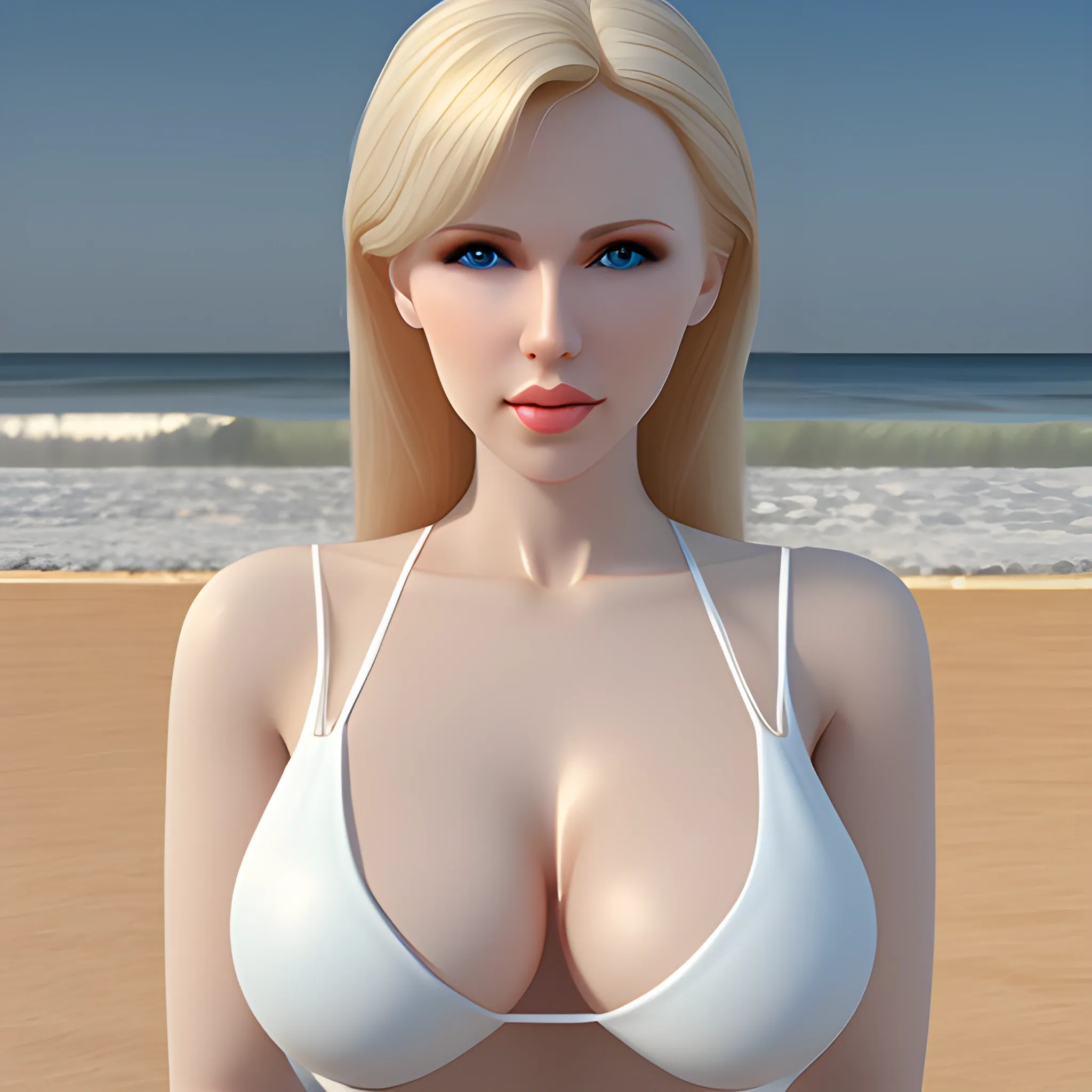 Beautiful Russian Woman on beach, photorealistic 3D, curvy body, blonde, blue eyes, pale white skin, brasserie, hands on chest