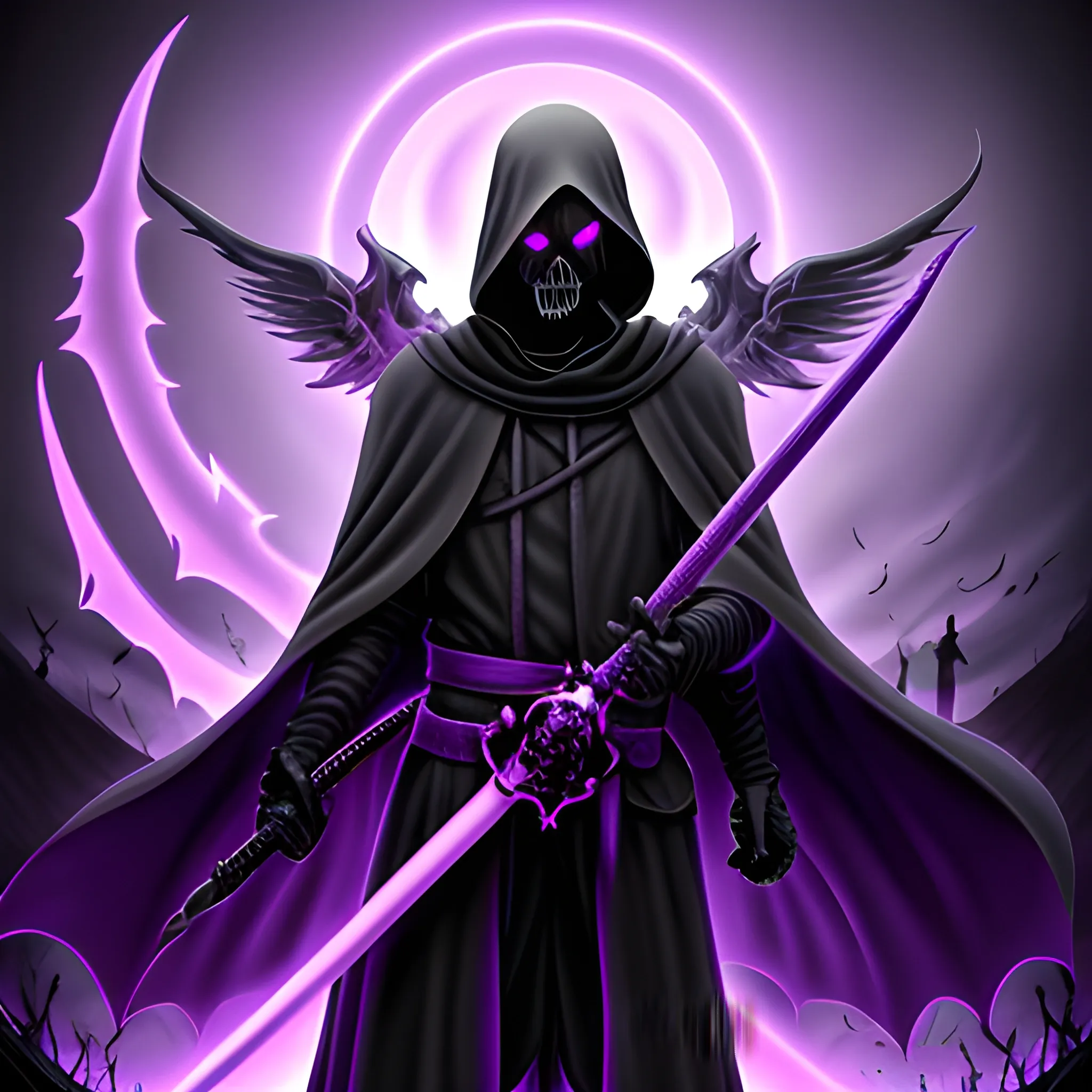 Grim reaper, purple glowing eyes, deathly sword,