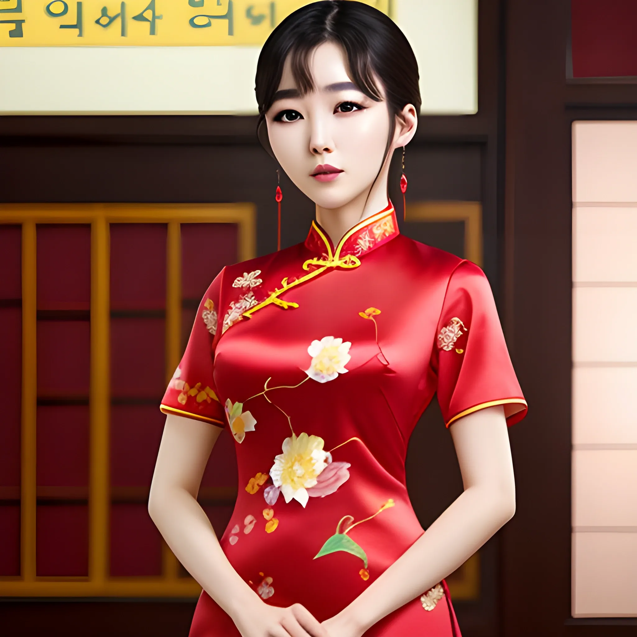 A Korean beauty wearing a cheongsam, with delicate facial features and a hot body