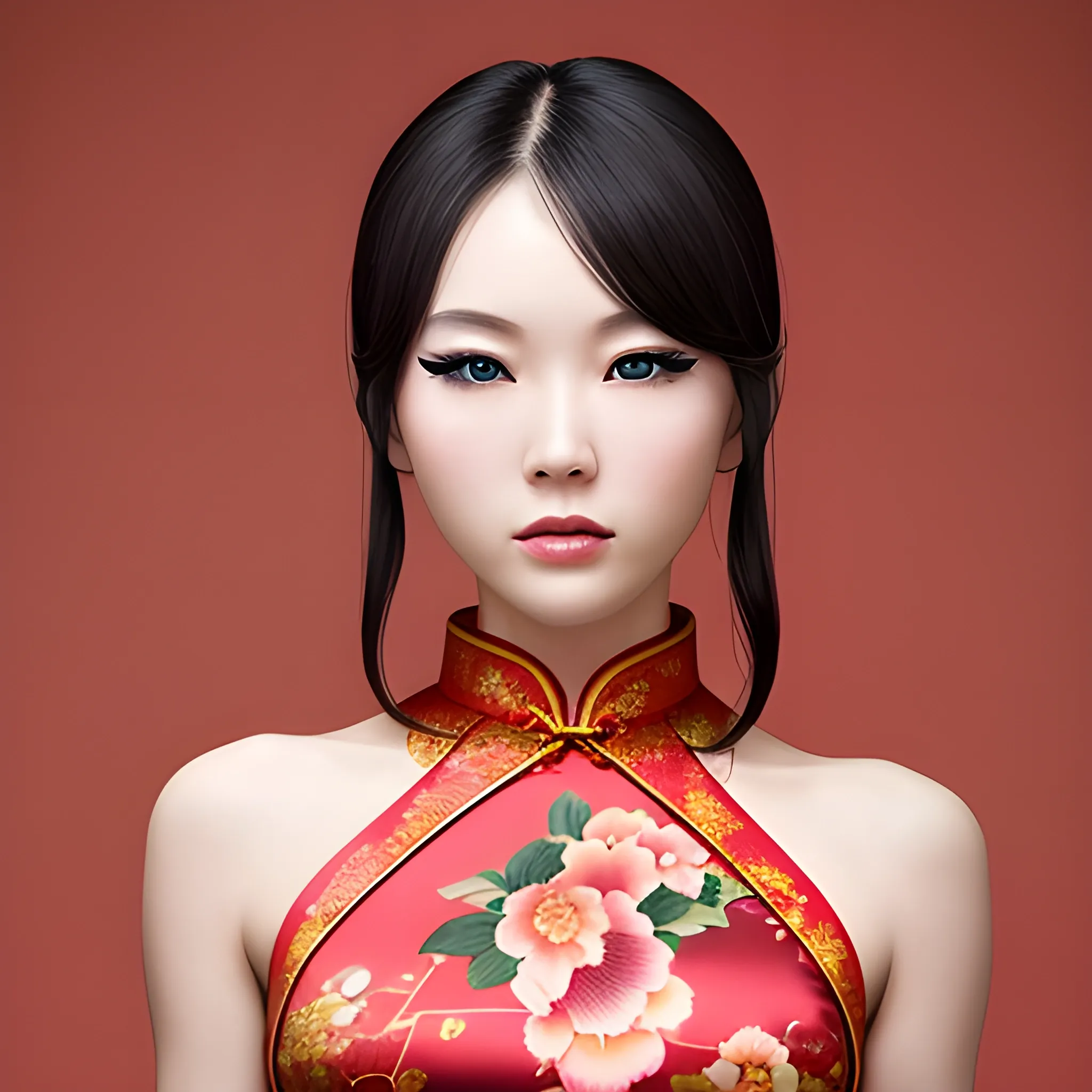 An American beauty wearing a cheongsam, with delicate facial features and a hot body