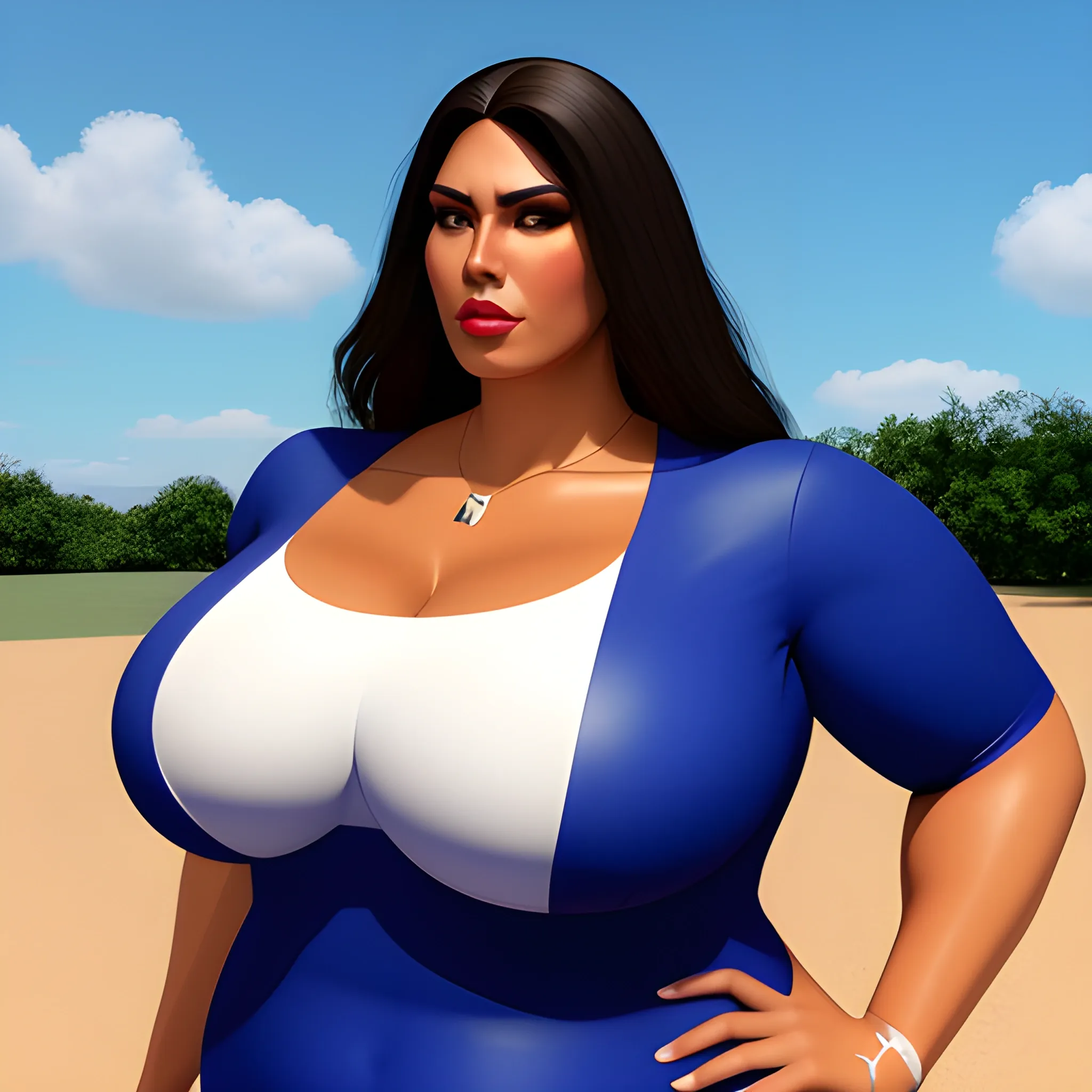 huge and very tall friendly hispanic plus size girl with small head and broad shoulders, not curvy but massive, 3D