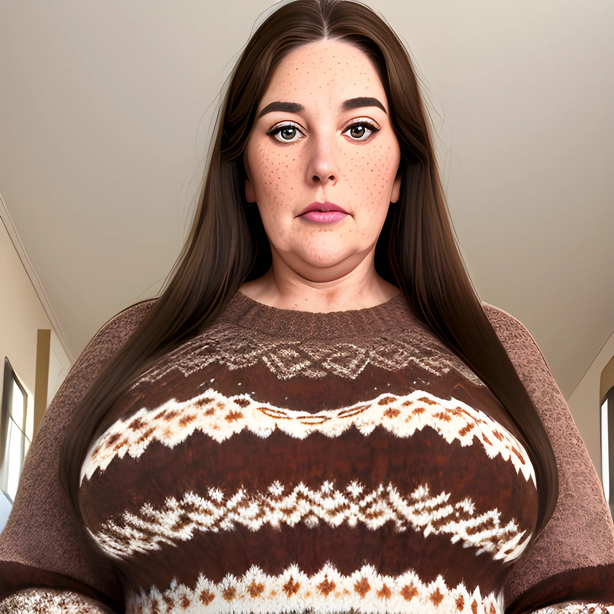 Two tall beautiful plus-sized, ample, buxom, early middle-aged, Italian Women, long straight brown  hair, full lips, full face, freckles, mauve patterned sweater, looking down at the camera, up close pov, detailed 