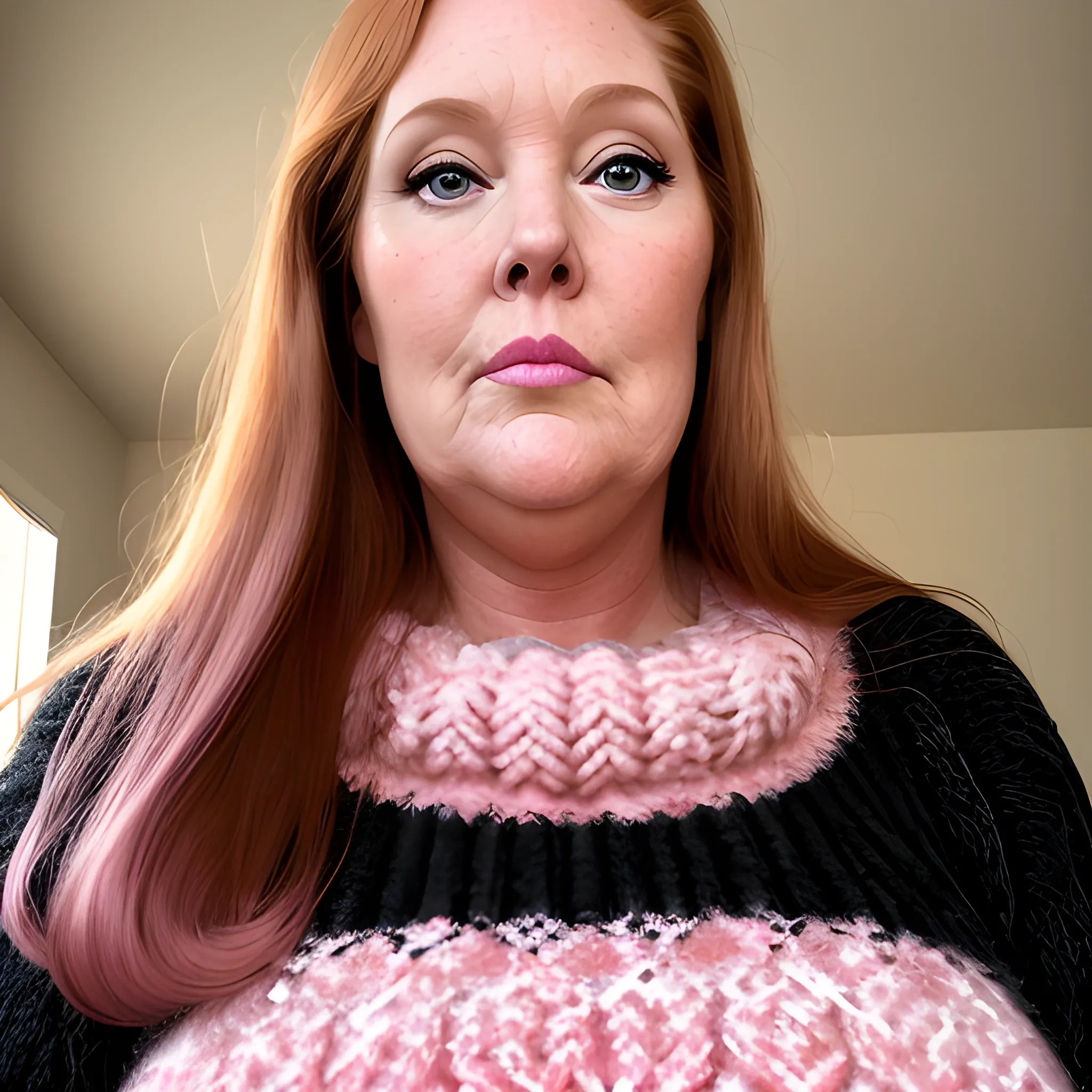 Two tall beautiful plus-sized, ample, buxom, early middle-aged,American Women, long straight ginger hair, full lips, full face, black and pink sweater, looking down at the camera, up close pov, detailed 