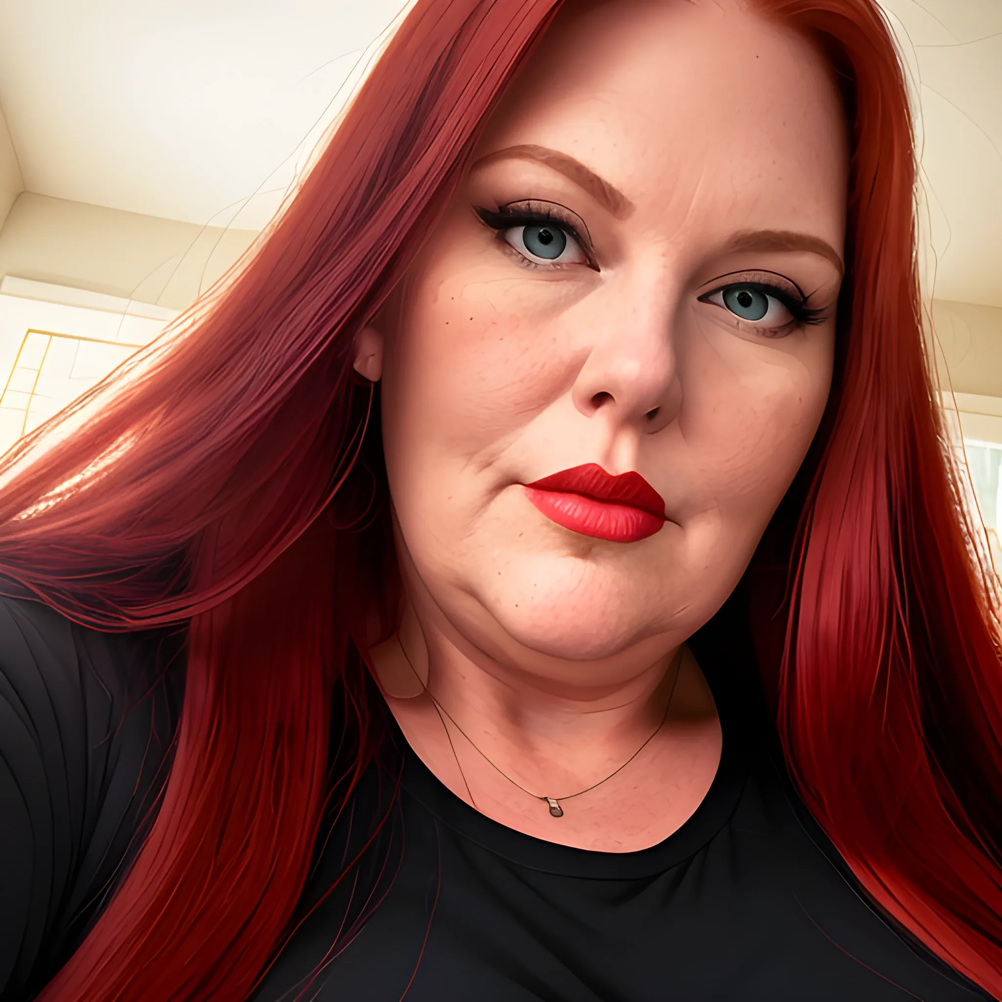 Very tall, beautiful plus-sized, ample, buxom, early middle-aged, American Woman, long straight red hair, full lips, full face, fitted red and black long-sleeved shirt, looking down at the camera, up close pov, detailed 