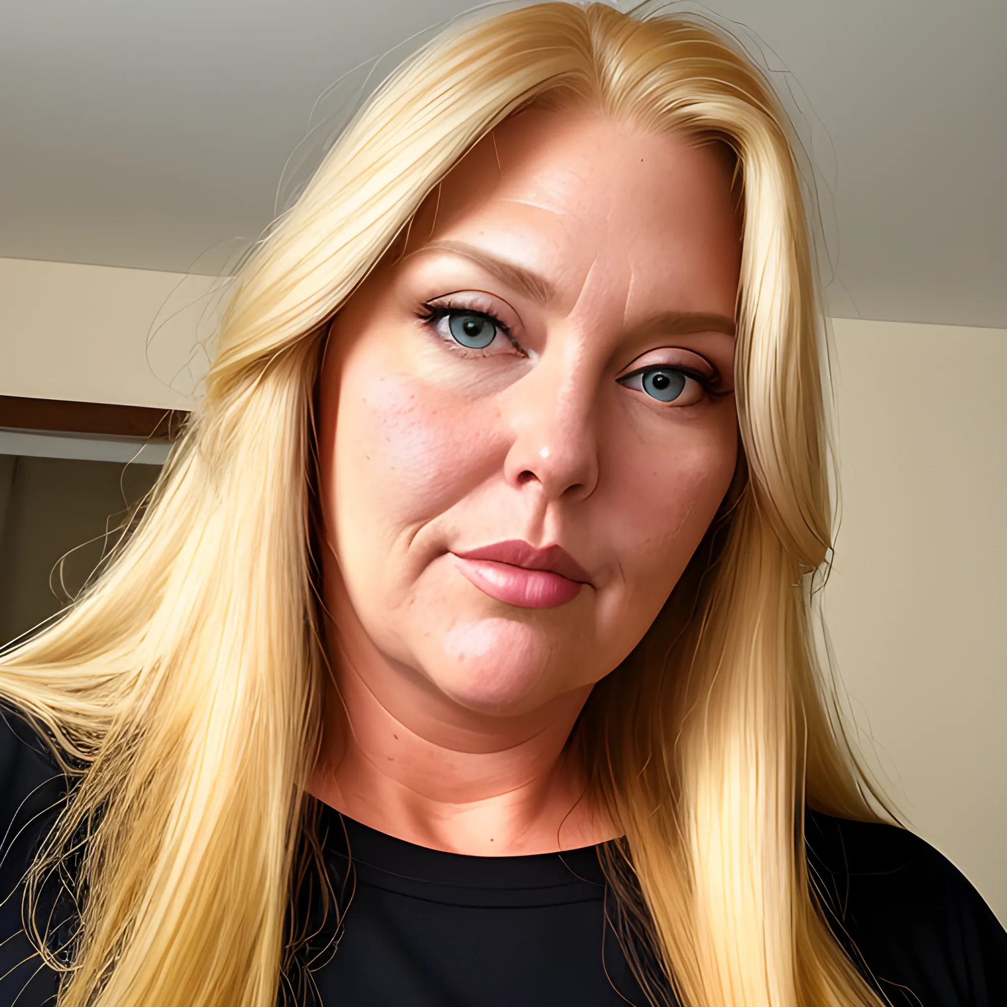 Very tall, beautiful plus-sized, ample, buxom, early middle-aged, American Woman, long straight blonde hair, full lips, full face, fitted red and yellow long-sleeved shirt, looking down at the camera, up close pov, detailed 