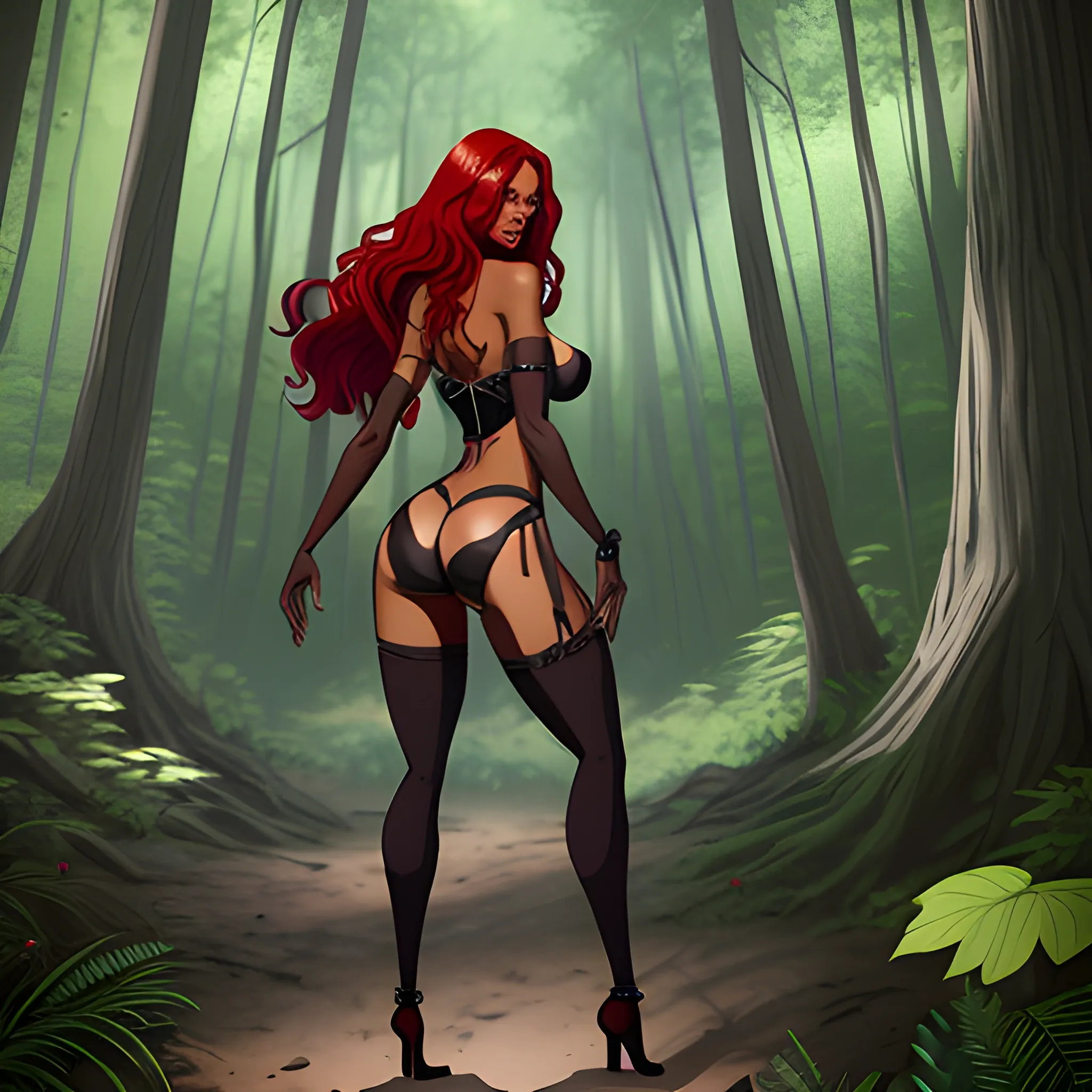 a vampire woman in a forest with her back to the camera and a man in the background, breasts, looking at viewer, long red hair, several girls, black hair, 2 girls, bare shoulders, jewelry, medium breasts, underwear, in foot, panties, ass, earrings, outdoors, lips parted, solo_focus, day, looking_back, dark_skin, from_behind, dark-skinned_woman, tree, lips, crop_top, back, nature, bracelet, forest, thong, realistic, armband, anime