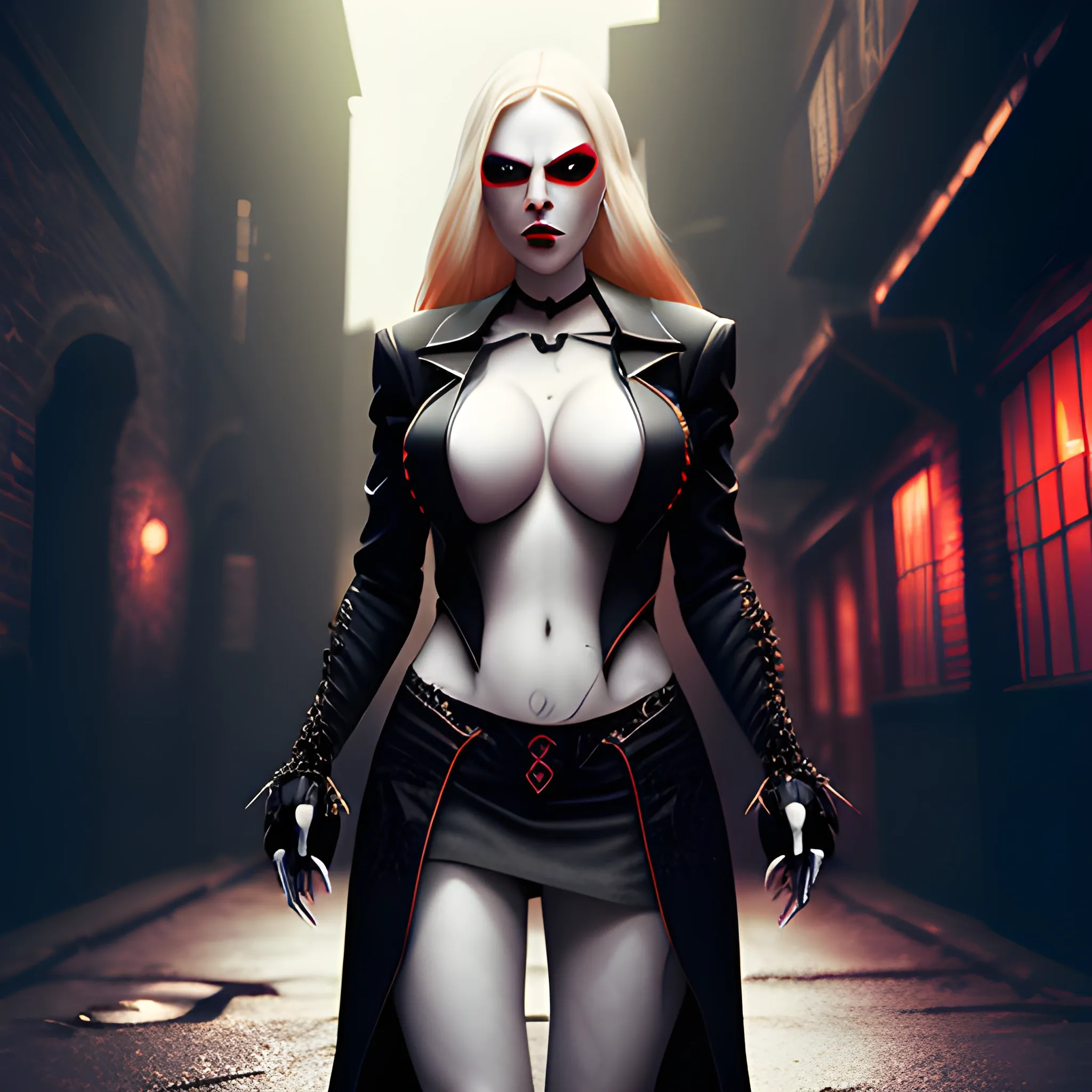 A vampire woman, in a dark alley, England, white skin, blonde hair, facing the camera, intimidating look, modern clothing, fantasy, 8k lights and shadows, motion effect, 3D art, awesome shading, fluid motion, walking clothes, tits