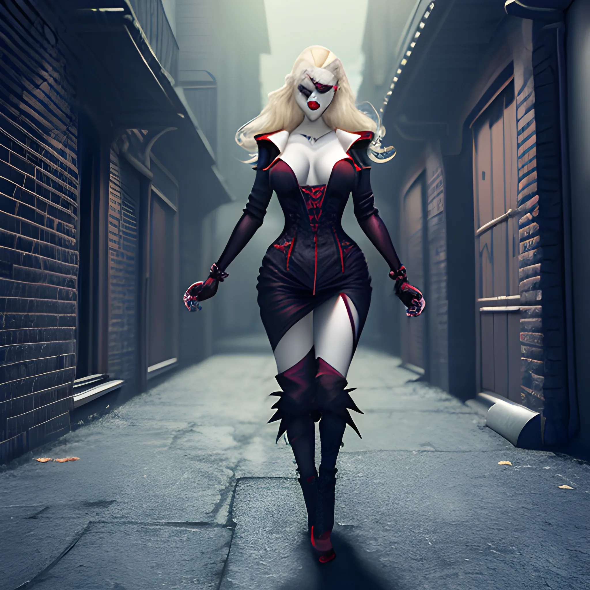 A vampire woman, in a dark alley, England, white skin, red eyes hd, blonde hair, facing the camera, intimidating look, modern clothing, fantasy, 8k lights and shadows, motion effect, 3D art, awesome shading, fluid motion, walking clothes, tits