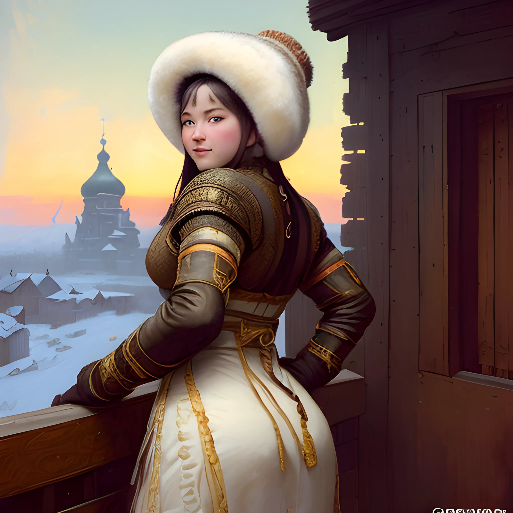 female siberian Russian concubine with slim curvy body, wearing a ushanka, at night, 1400s, painting by gaston bussiere, greg rutkowski, yoji shinkawa, yoshitaka amano, tsutomu nihei, donato giancola, tim hildebrandt, oil on canvas, {full body shot:from behind shot:looking over shoulder}, traditional russian clothing, trending on artstation, featured on pixiv, cinematic composition, extreme detail, metahuman creator, (best quality:1.4), ((masterpiece)), ((realistic)), (detailed), seductive_smile, godrays, dust in the air., Cartoon