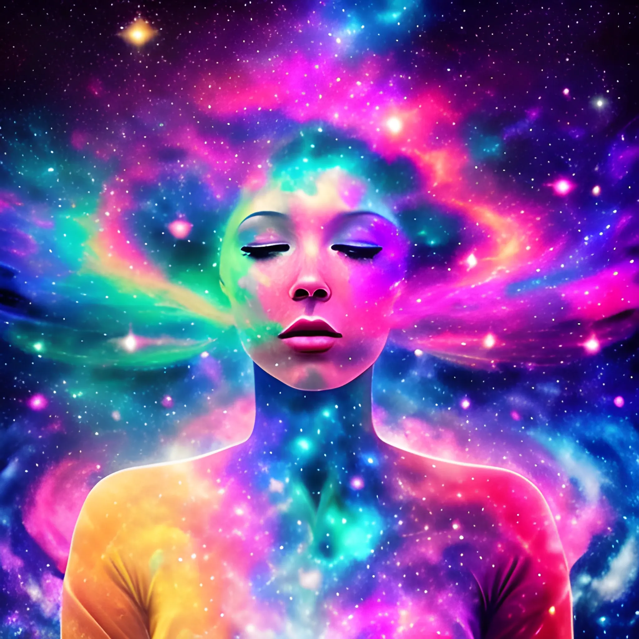 woman, universe background, galaxy, coloful, Trippy, music