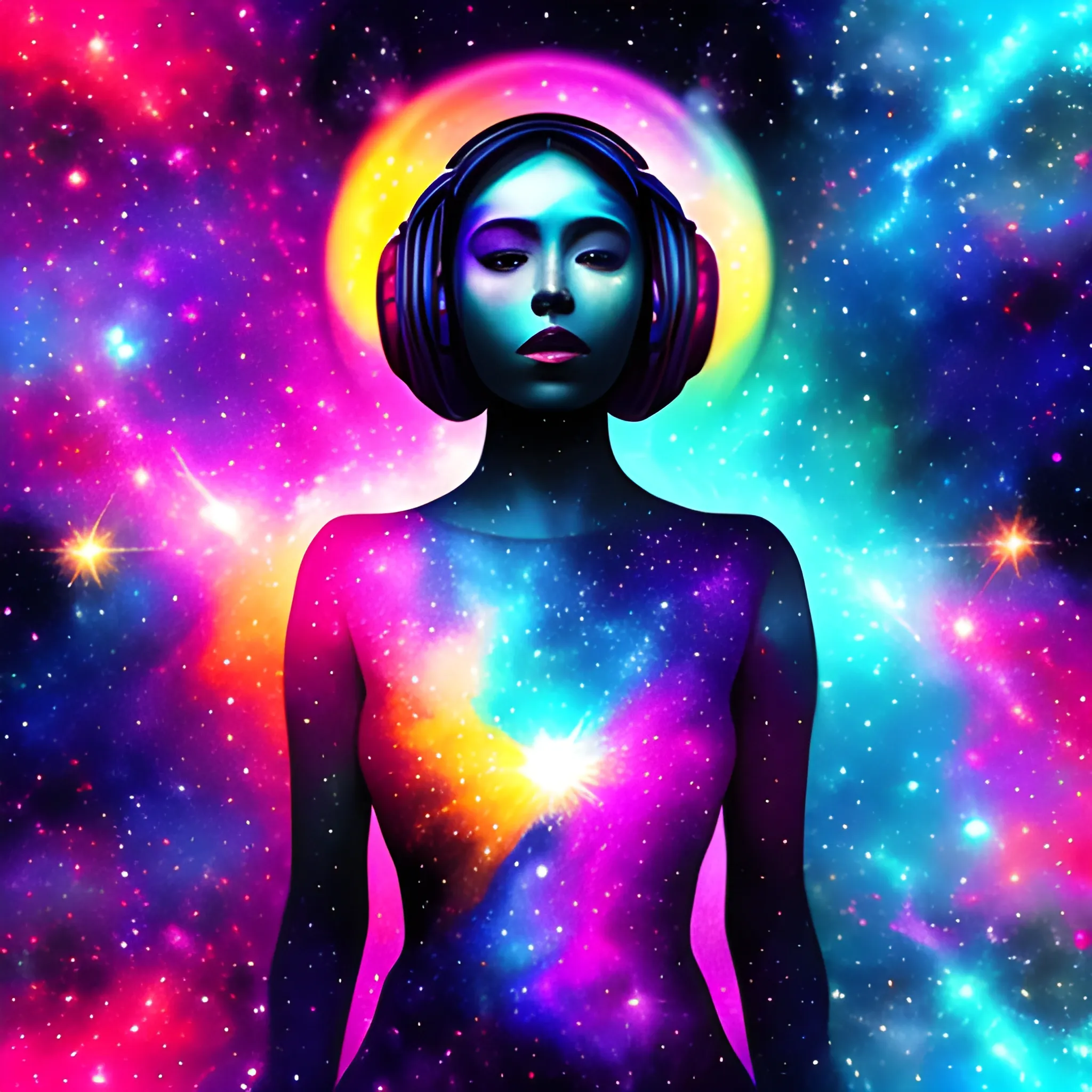 woman, galaxy background, colorful, Trippy, music