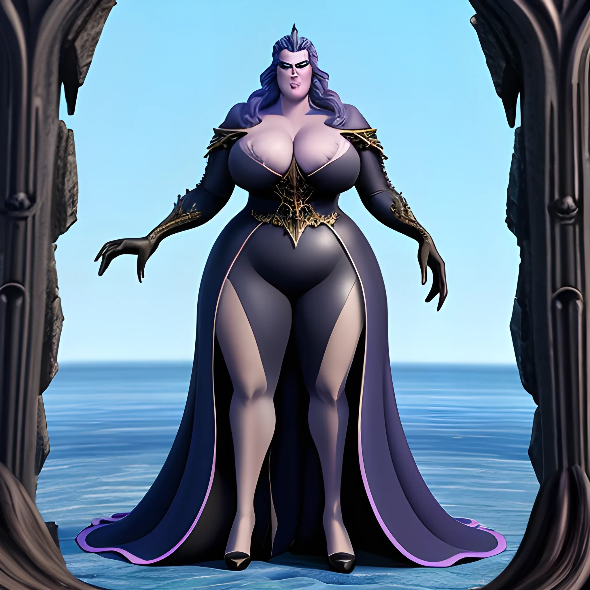 huge and very tall ursula sea witch plus size with small head and broad shoulders, not curvy but massive, towerring