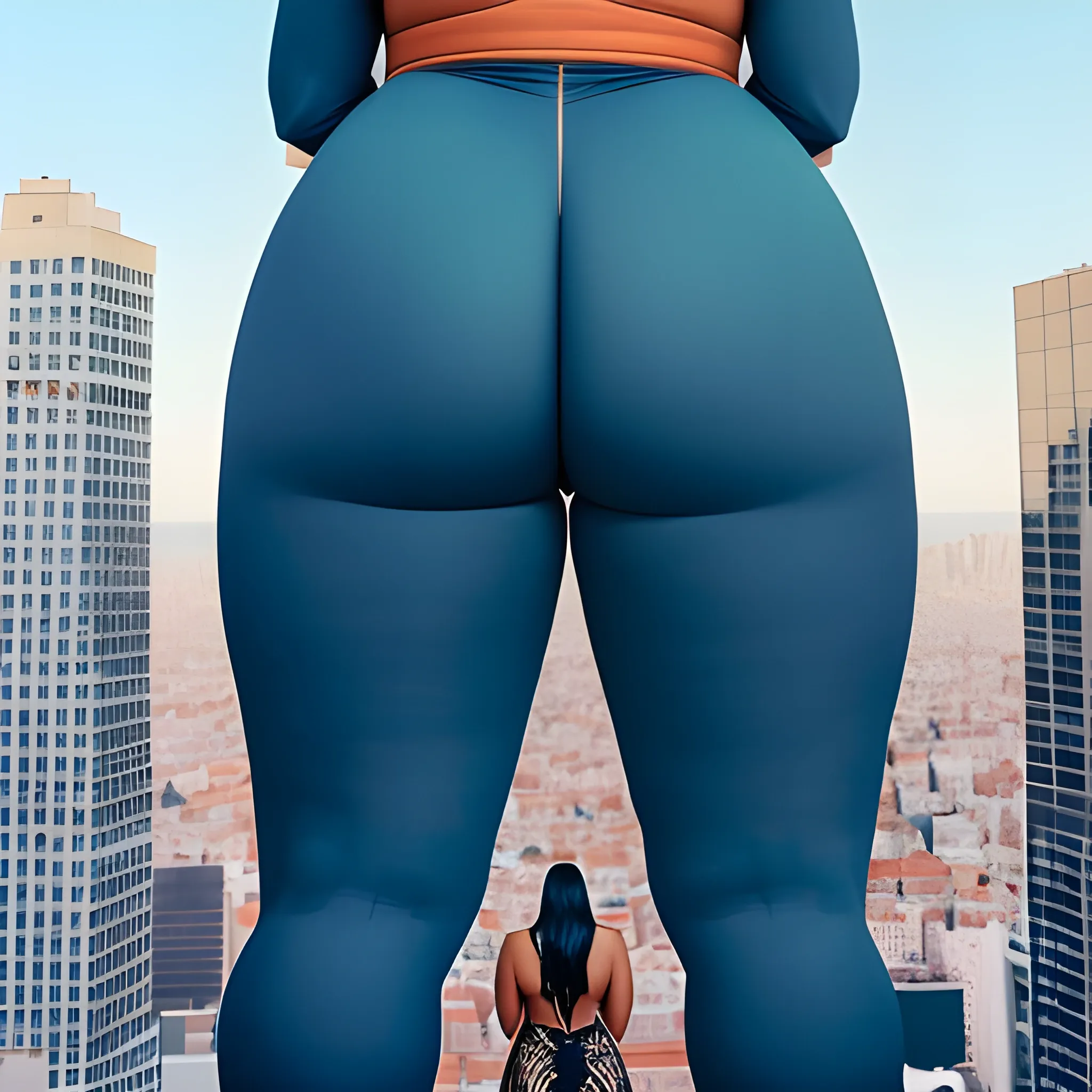 huge and very tall latina girl plus size with small head and broad shoulders, not curvy but massive, towerring other people in busy city with people