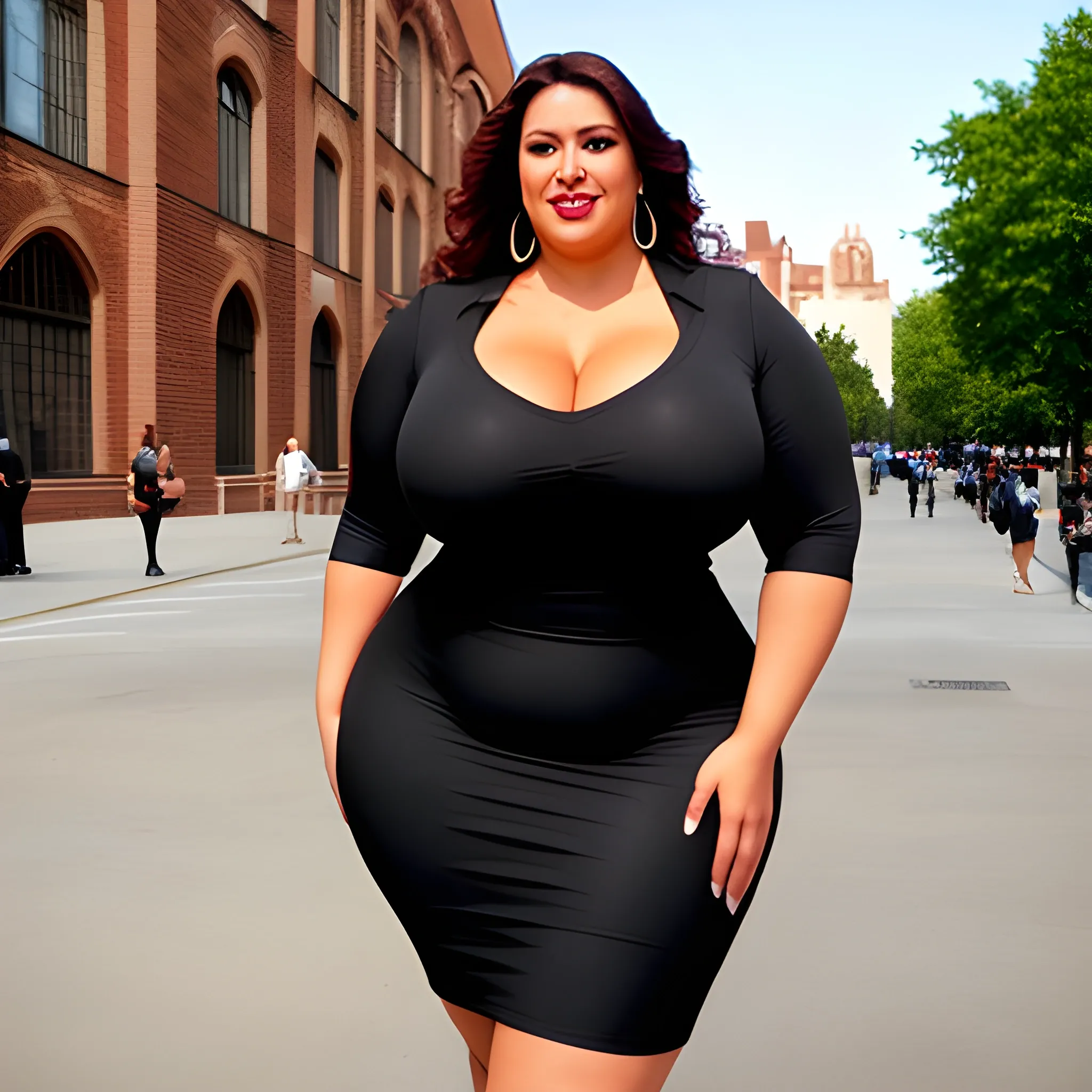 huge and very tall friendly latina plus size girl with small head and broad shoulders, not curvy but massive, tight black dress, on busy schoolyard towerring among other students and teachers