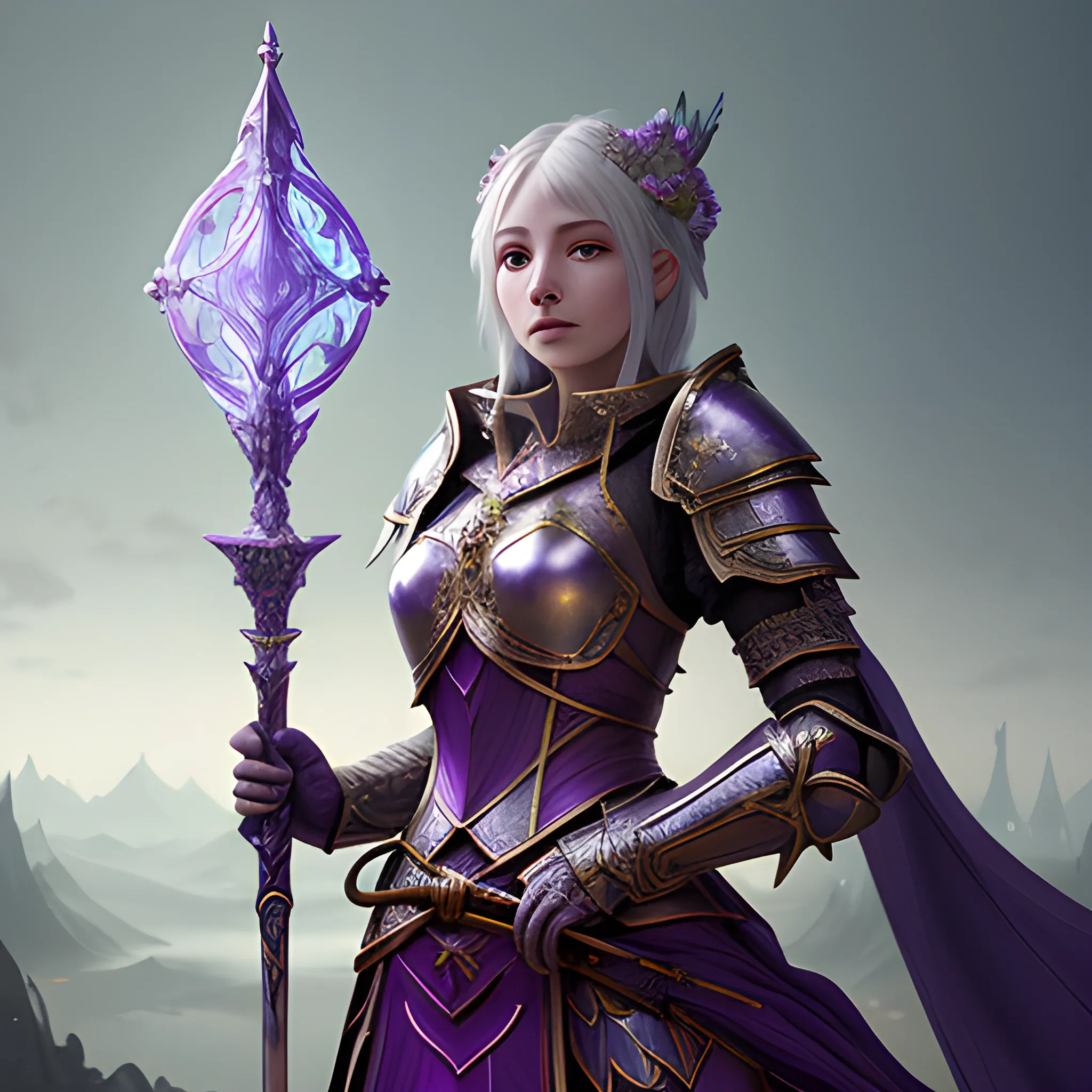 Extremely beatific woman in an armor with an magic staff , high fantasy, 8k, high resolution, high quality, detailed, mage, detailed matte painting, deep color, fantastical, intricate detail, splash screen, complementary colors, fantasy concept art, 8k resolution trending on Artstation Unreal Engine 5, anime