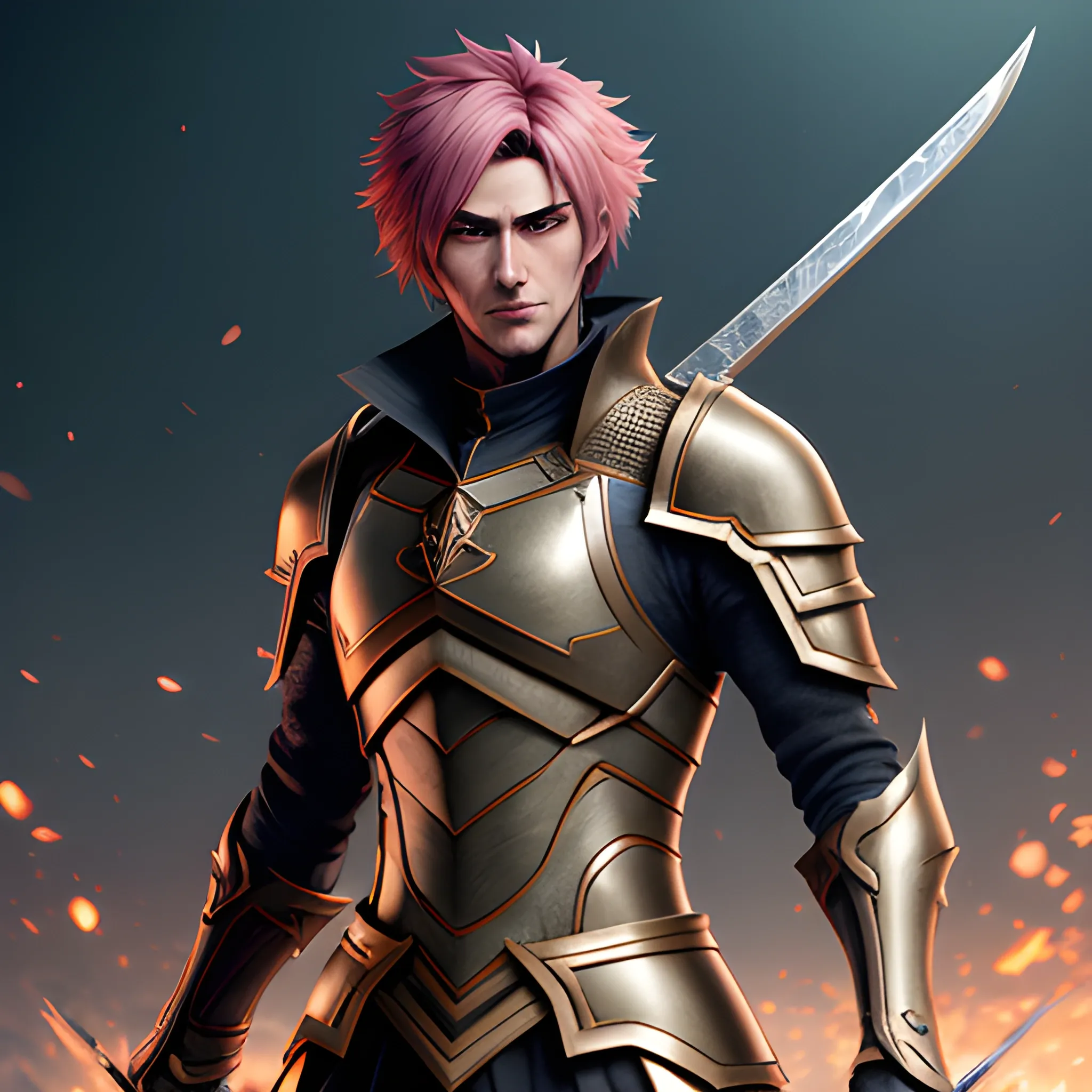 Beautiful young adult man who looks like yuuya tenjou with hazel hair and hazel eyes, armor, sword, high fantasy, 8k, high resolution, high quality, detailed, detailed matte painting, deep color, fantastical, intricate detail, splash screen, complementary colors, fantasy concept art, 8k resolution trending on Artstation Unreal Engine 5