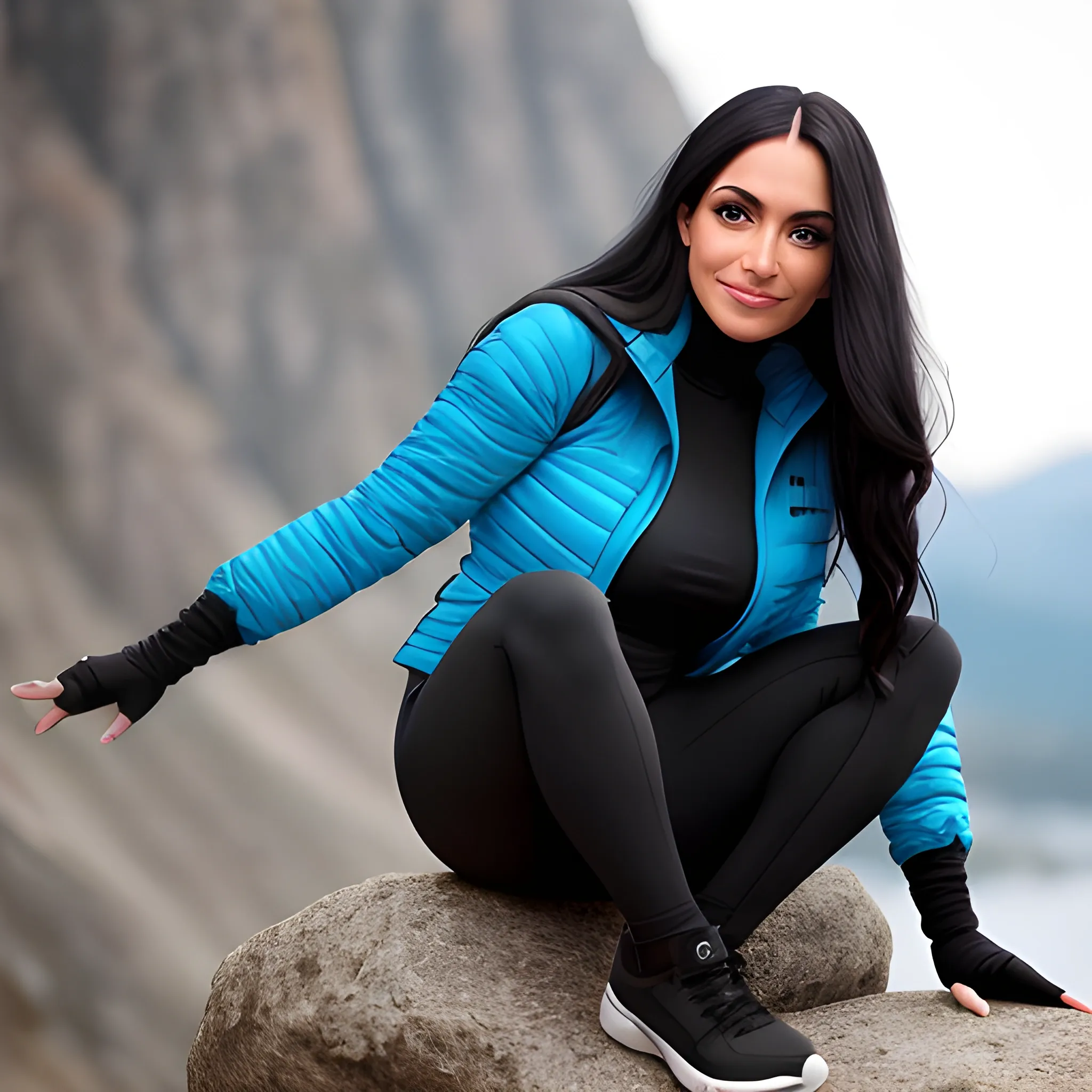 full-length photo, 70mm lens, hourglass figure, aesthetic, symmetrical, posing, angular face, goosebumps, realistic, detailed,  (perfect fingers:1.2), photographed by a Nikon Z7 II Camera, masterpiece, amazing photorealistic 4k long black hair latina woman in the bathroom, dressed in a tight blue outdoor jacket, tight black outdoor pants and white sneakers, sitting on a rock with her hands over her knees, and she smiles, perfect face