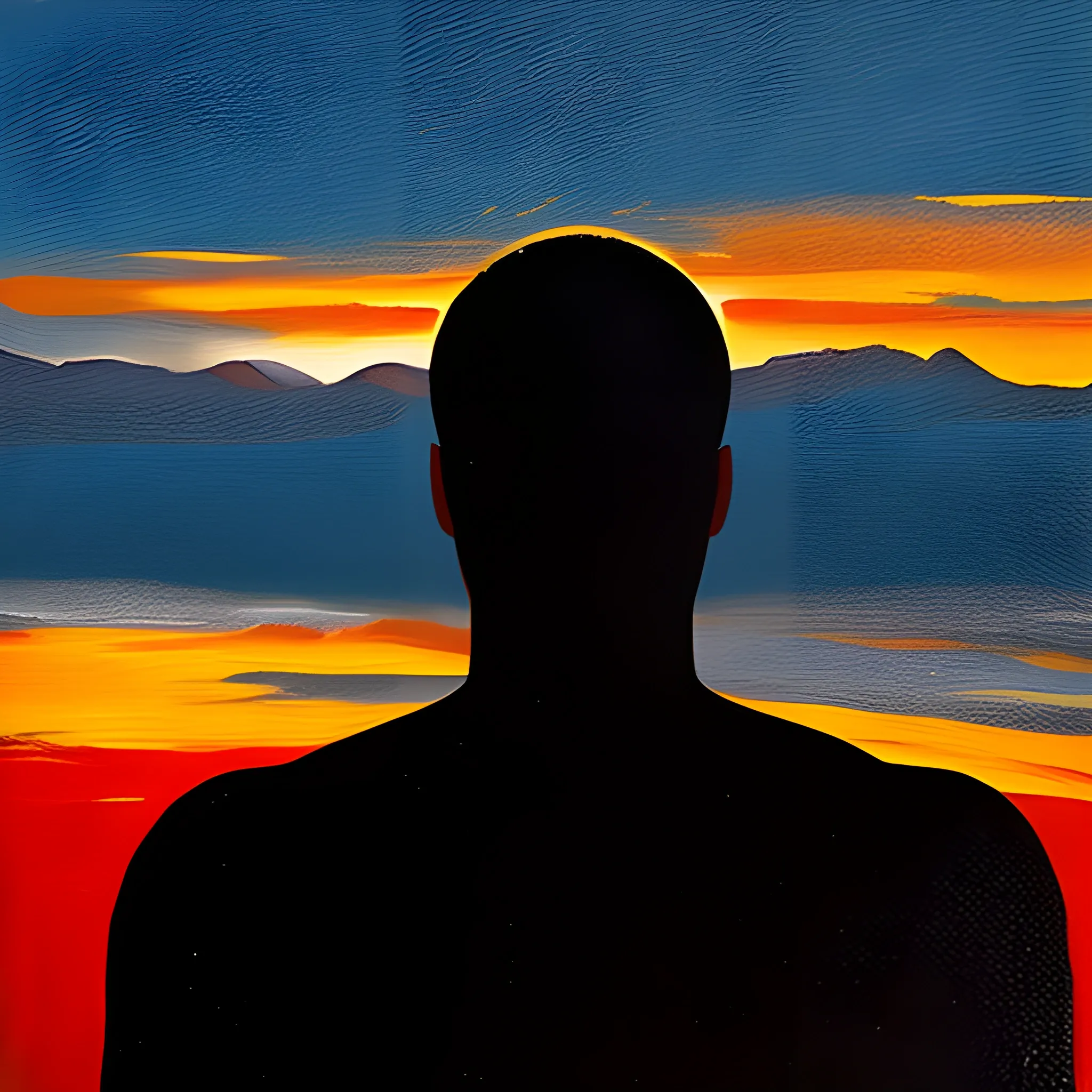 under the sky, boy silouette, sad boy, sunset, lonlely boy, Oil Painting