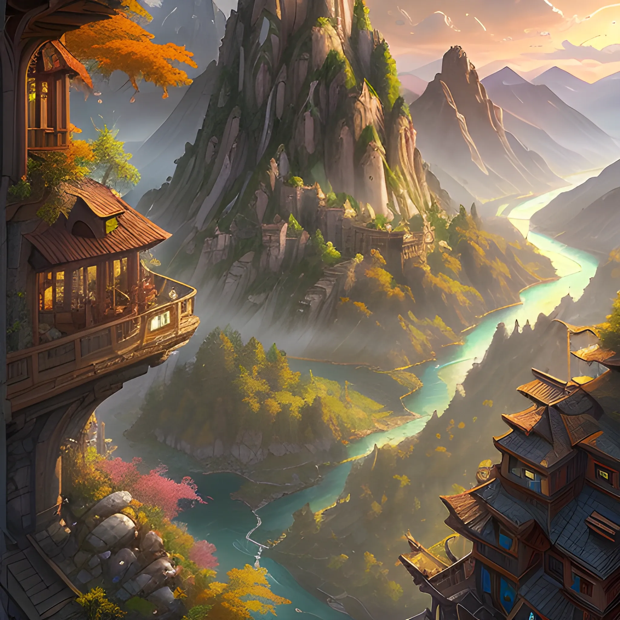 a birds eye view overlooking an ancient fantasy city surrounded by mountains and trees of greens and browns, rivers and lakes by Jordan Grimmer, Asher Brown Durand and Ryan Dening, 8k, artstation, beautiful color pallette