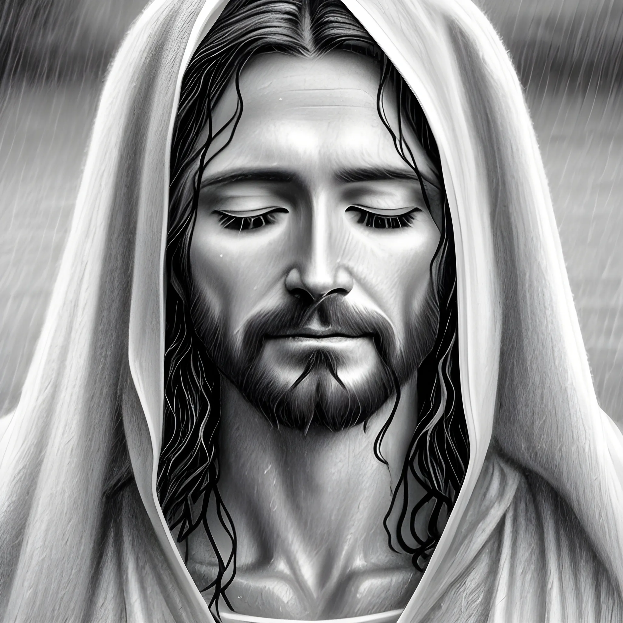 serene jesus christ in the rain, realistic, 4k, bright light face, close eyes, praying hands together, Pencil Sketch