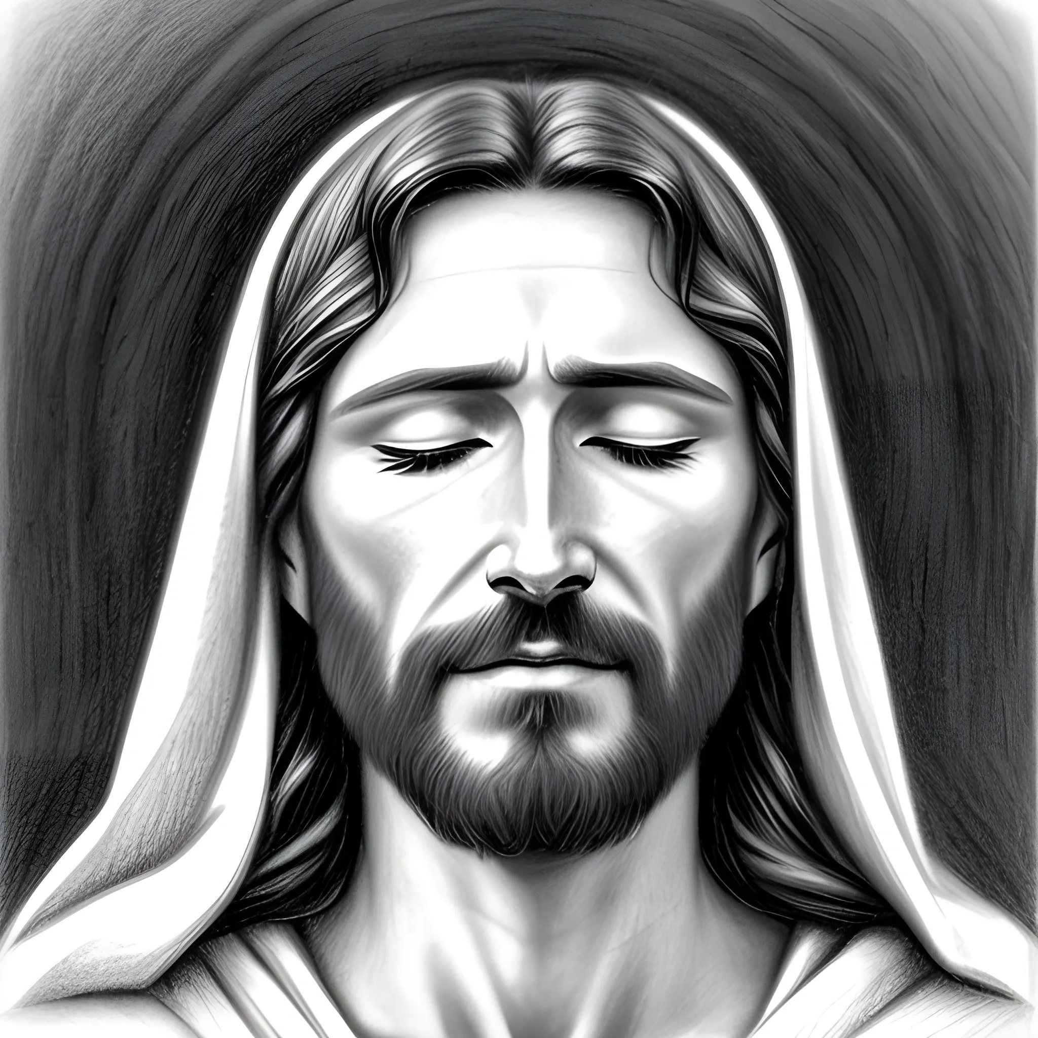 serene jesus christ, realistic, 4k, bright light face, close eyes, praying hands together in front of mouth, Pencil Sketch