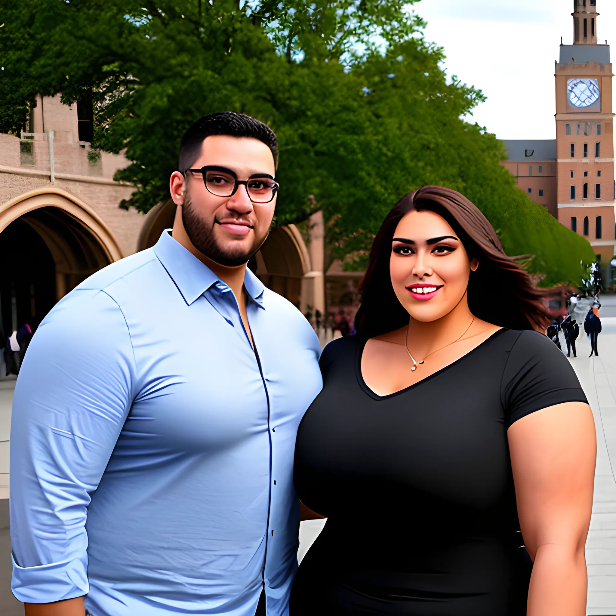 huge and very tall friendly latina plus size girl with small head and broad shoulders on busy schoolyard towerring among other students and teachers